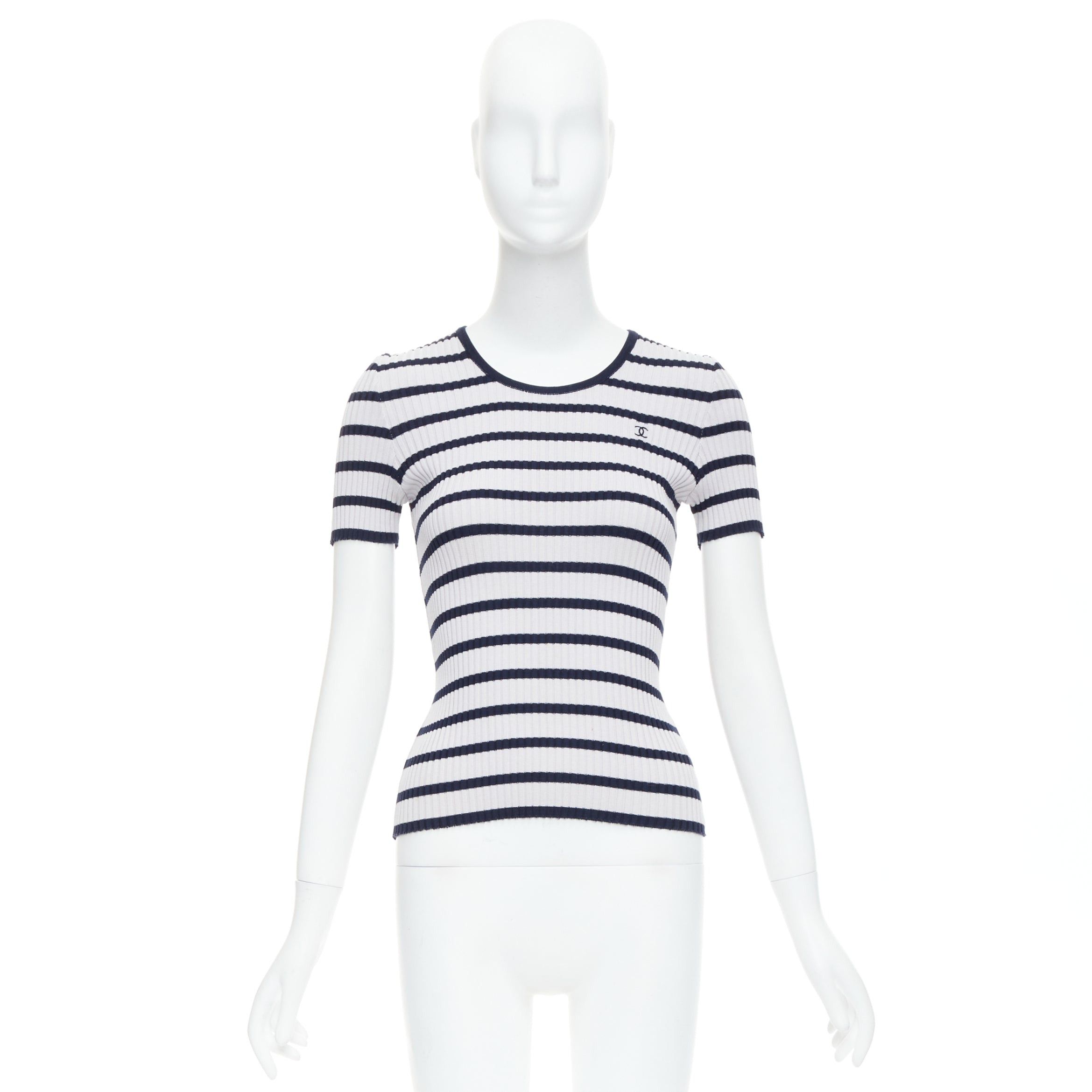Chanel CHANEL 98P Vintage black grey ribbed cotton nautical striped logo top FR36 S Size S / US 4 / IT 40 - 9 Thumbnail