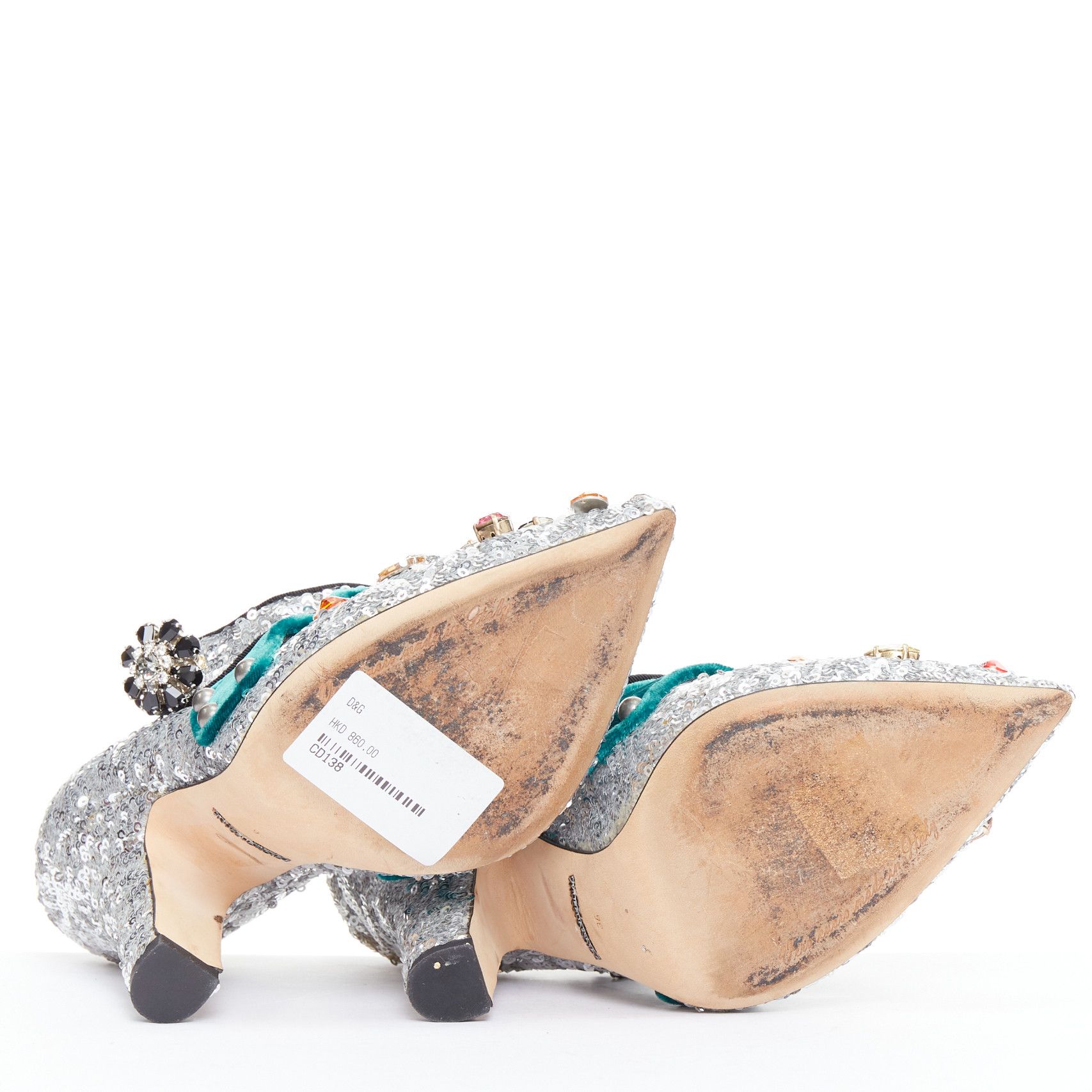 Dolce & Gabbana DOLCE GABBANA Bellucci silver glitter rhinestone green velvet heels EU36 Size US 6 / IT 36 - 12 Thumbnail