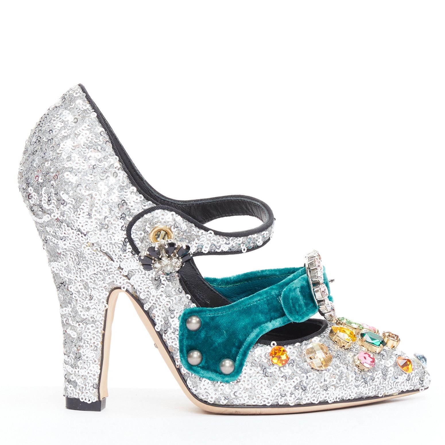 Dolce & Gabbana DOLCE GABBANA Bellucci silver glitter rhinestone green velvet heels EU36 Size US 6 / IT 36 - 2 Thumbnail