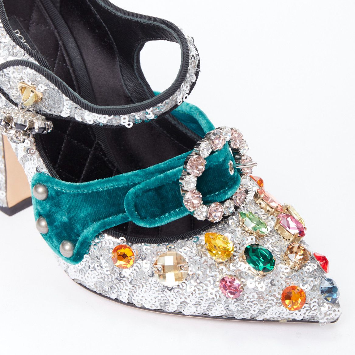 Dolce & Gabbana DOLCE GABBANA Bellucci silver glitter rhinestone green velvet heels EU36 Size US 6 / IT 36 - 7 Thumbnail