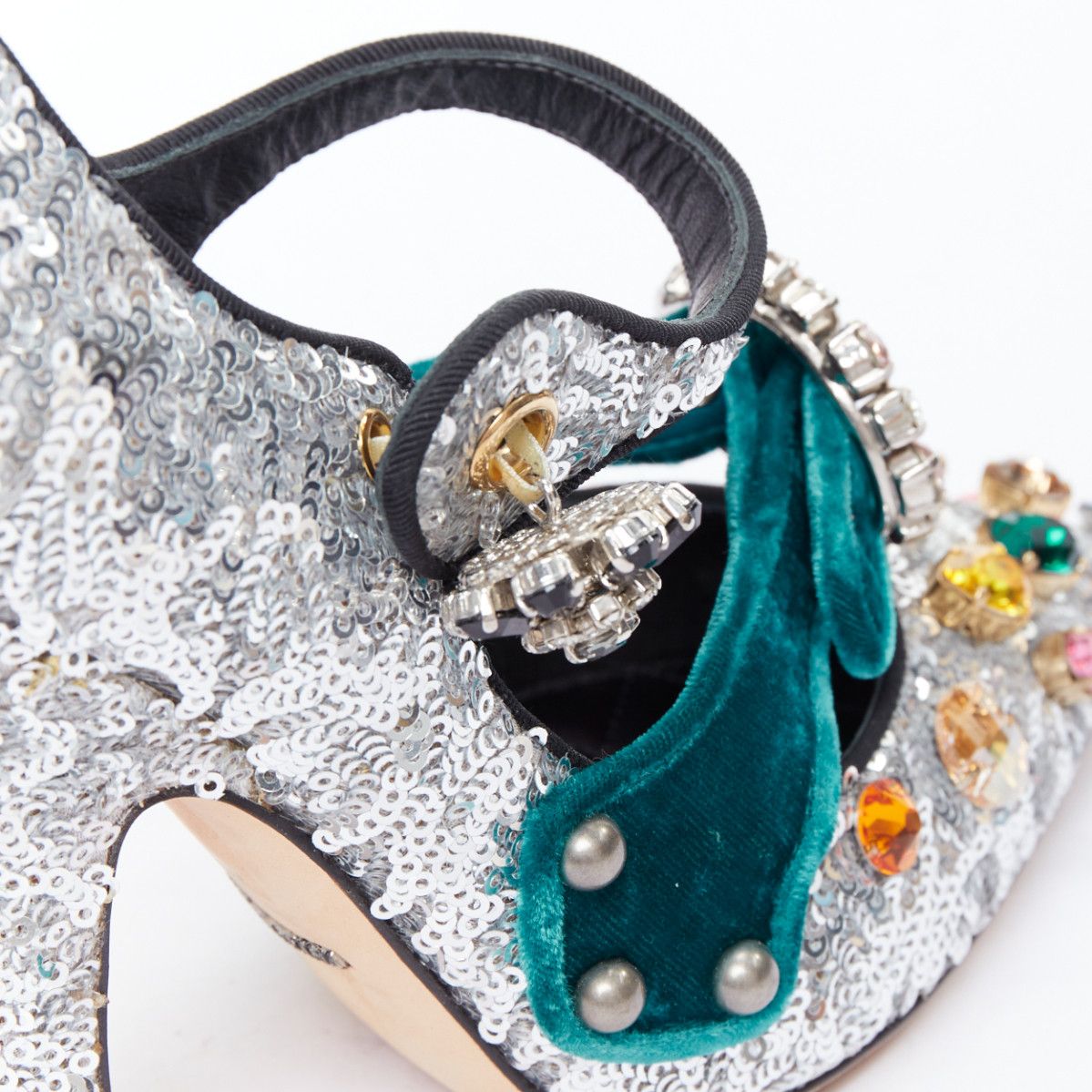 Dolce & Gabbana DOLCE GABBANA Bellucci silver glitter rhinestone green velvet heels EU36 Size US 6 / IT 36 - 8 Thumbnail