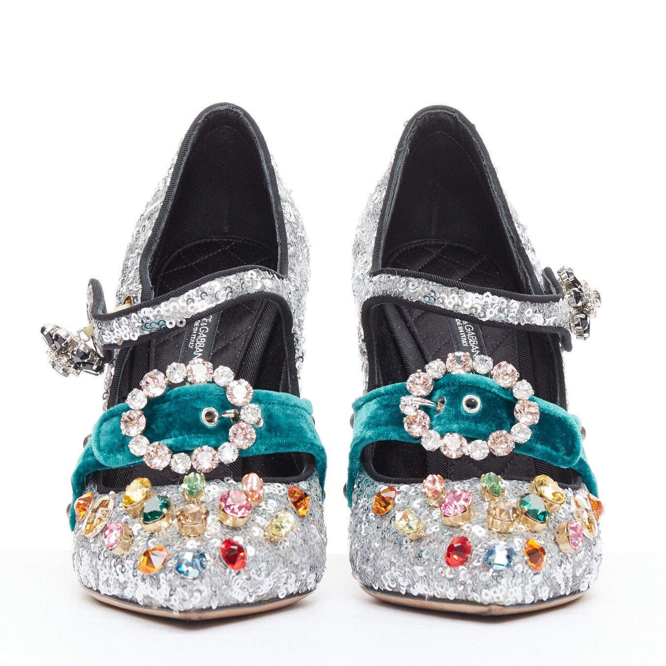 Dolce & Gabbana DOLCE GABBANA Bellucci silver glitter rhinestone green velvet heels EU36 Size US 6 / IT 36 - 3 Thumbnail
