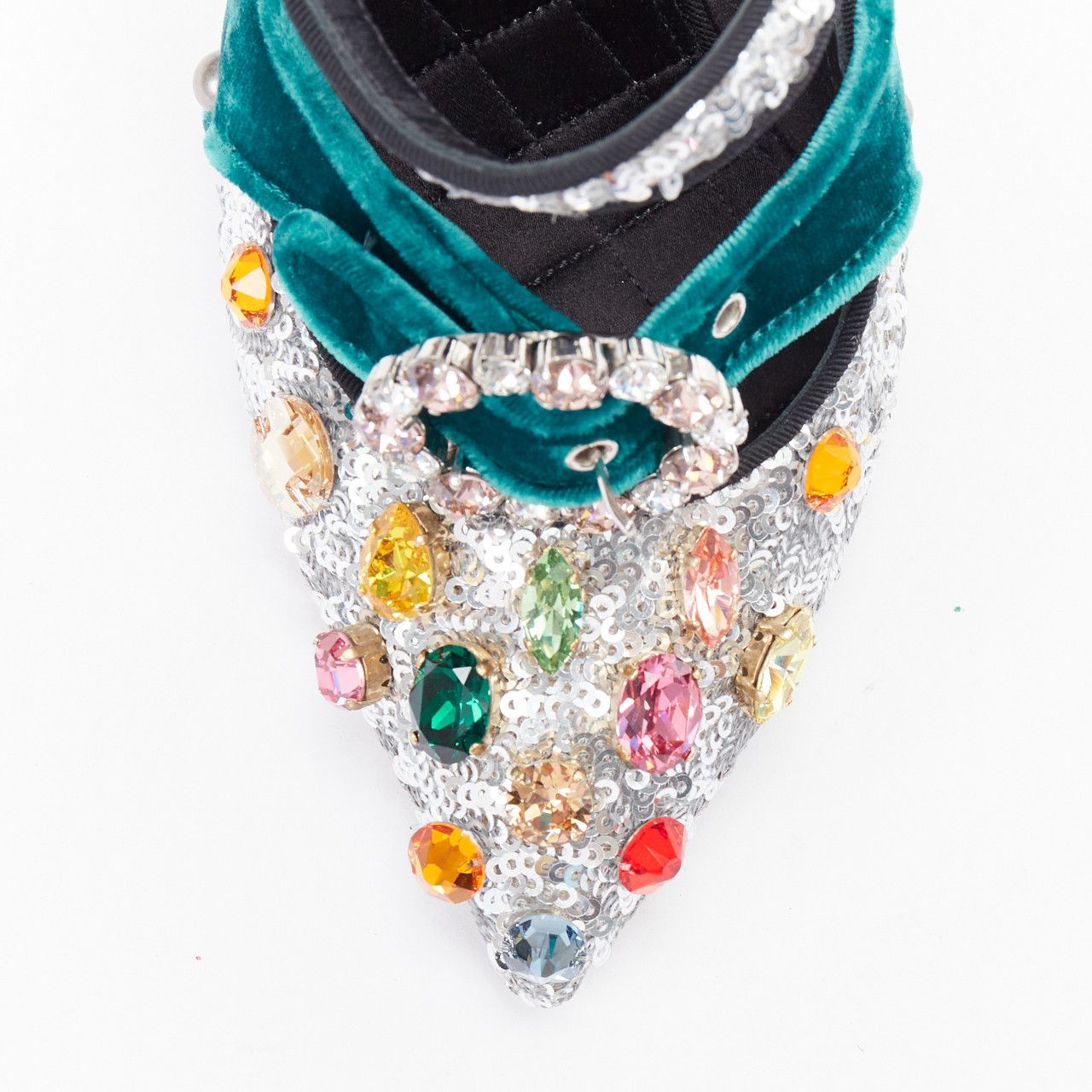 Dolce & Gabbana DOLCE GABBANA Bellucci silver glitter rhinestone green velvet heels EU36 Size US 6 / IT 36 - 6 Thumbnail