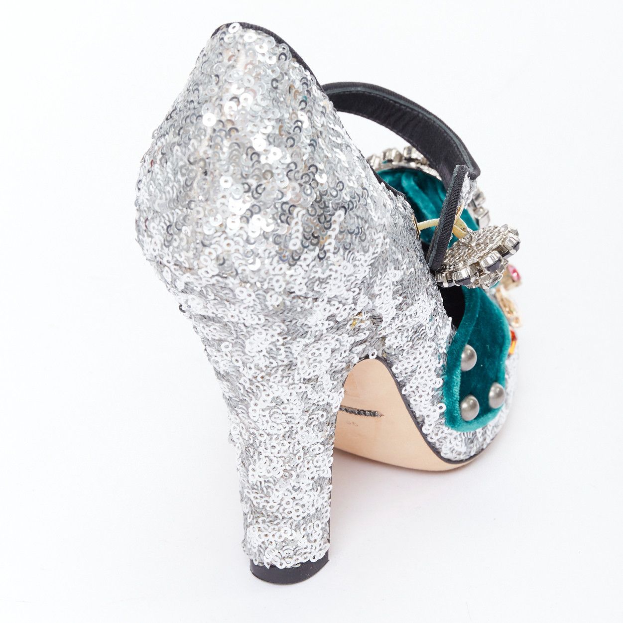 Dolce & Gabbana DOLCE GABBANA Bellucci silver glitter rhinestone green velvet heels EU36 Size US 6 / IT 36 - 9 Thumbnail