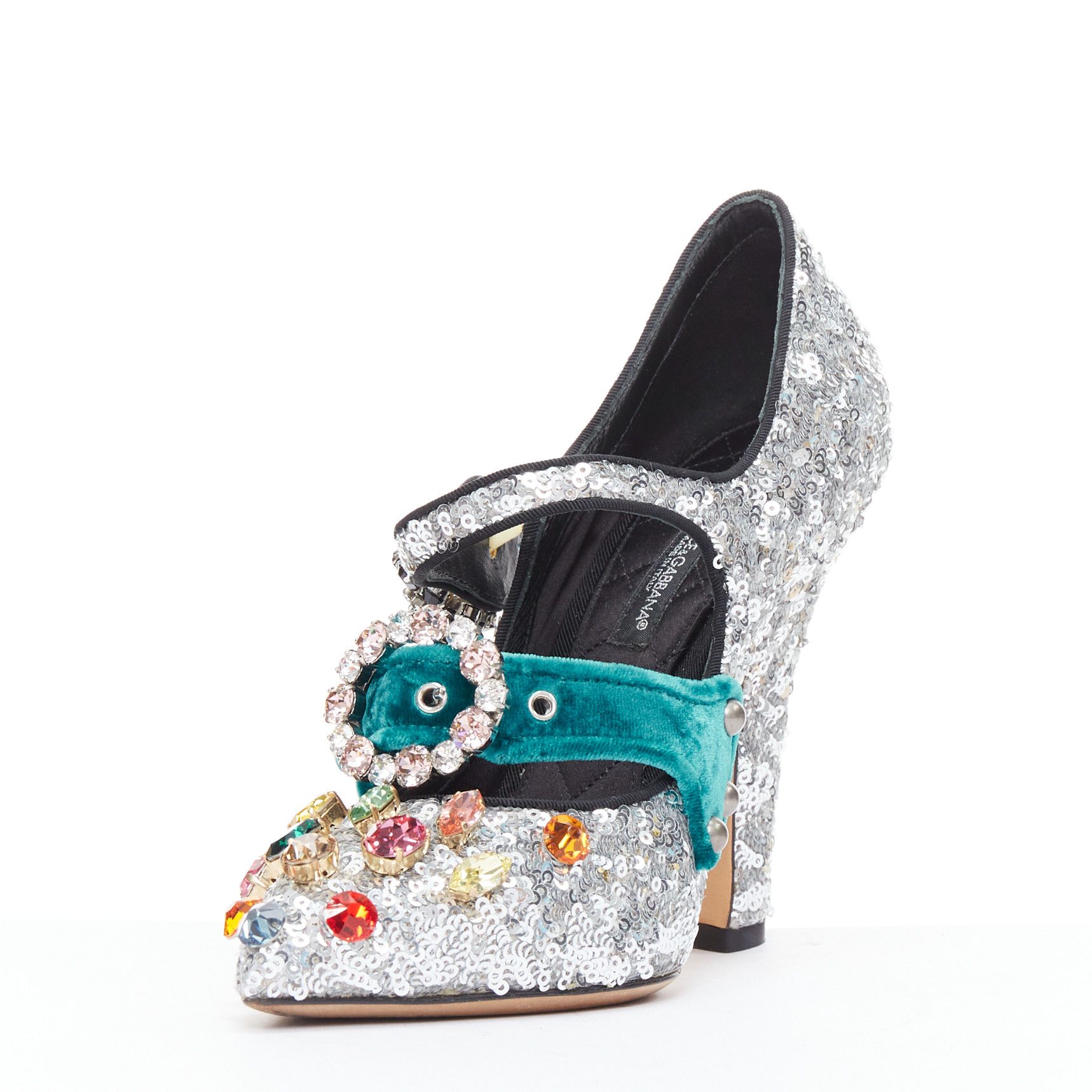 Dolce & Gabbana DOLCE GABBANA Bellucci silver glitter rhinestone green velvet heels EU36 Size US 6 / IT 36 - 4 Thumbnail