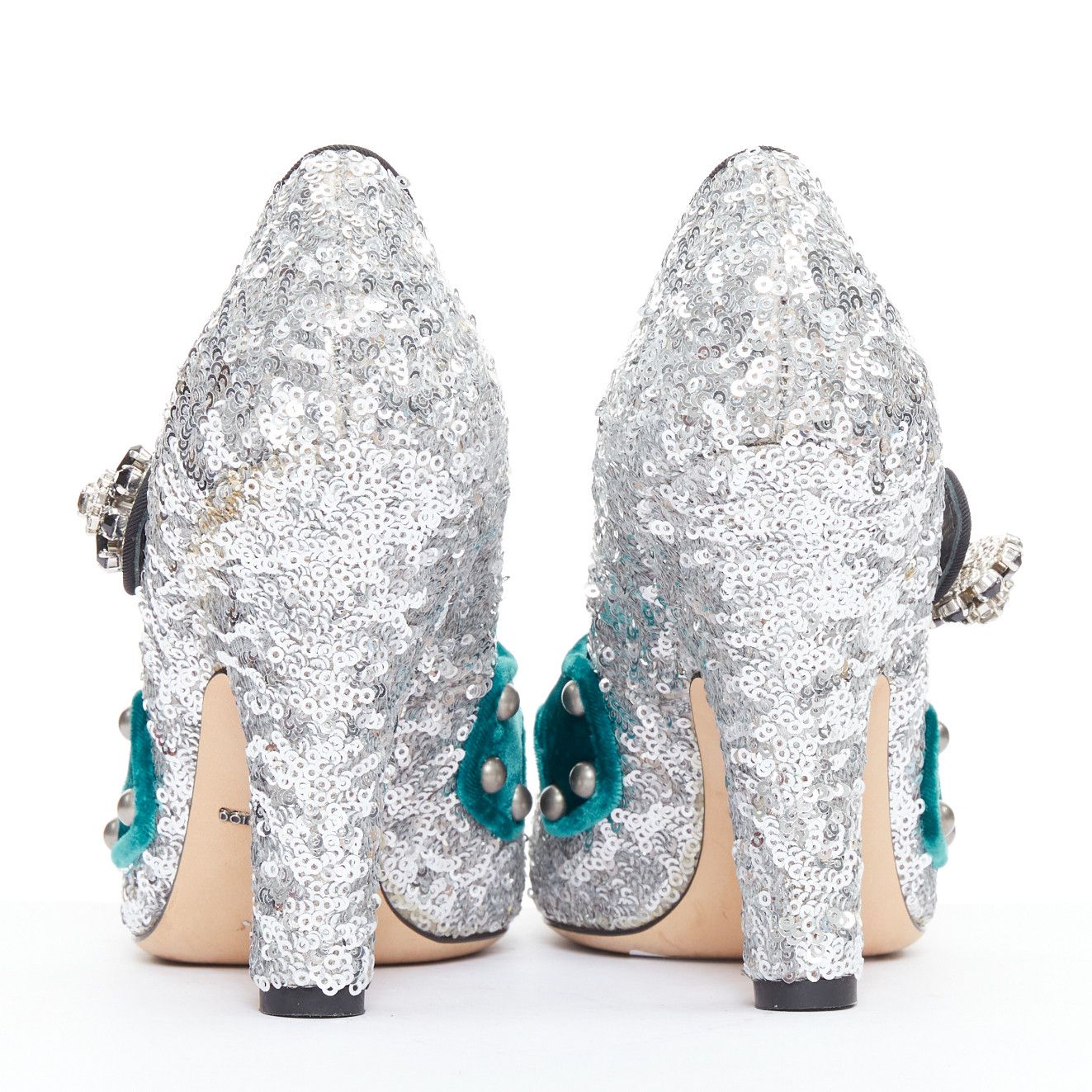 Dolce & Gabbana DOLCE GABBANA Bellucci silver glitter rhinestone green velvet heels EU36 Size US 6 / IT 36 - 5 Thumbnail
