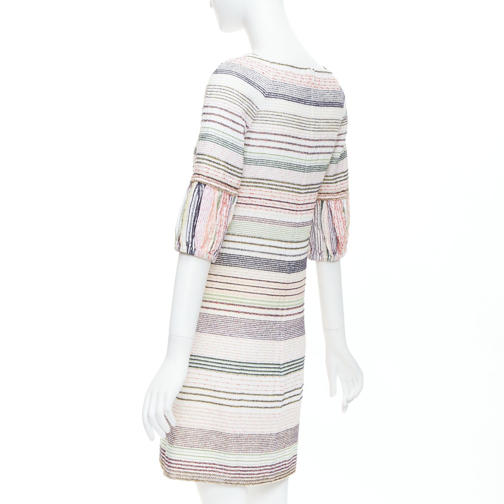 Chanel CHANEL 07A Runway white multicolor tweed chain trimmed sleeve dress FR36 S Size S / US 4 / IT 40 - 6 Thumbnail