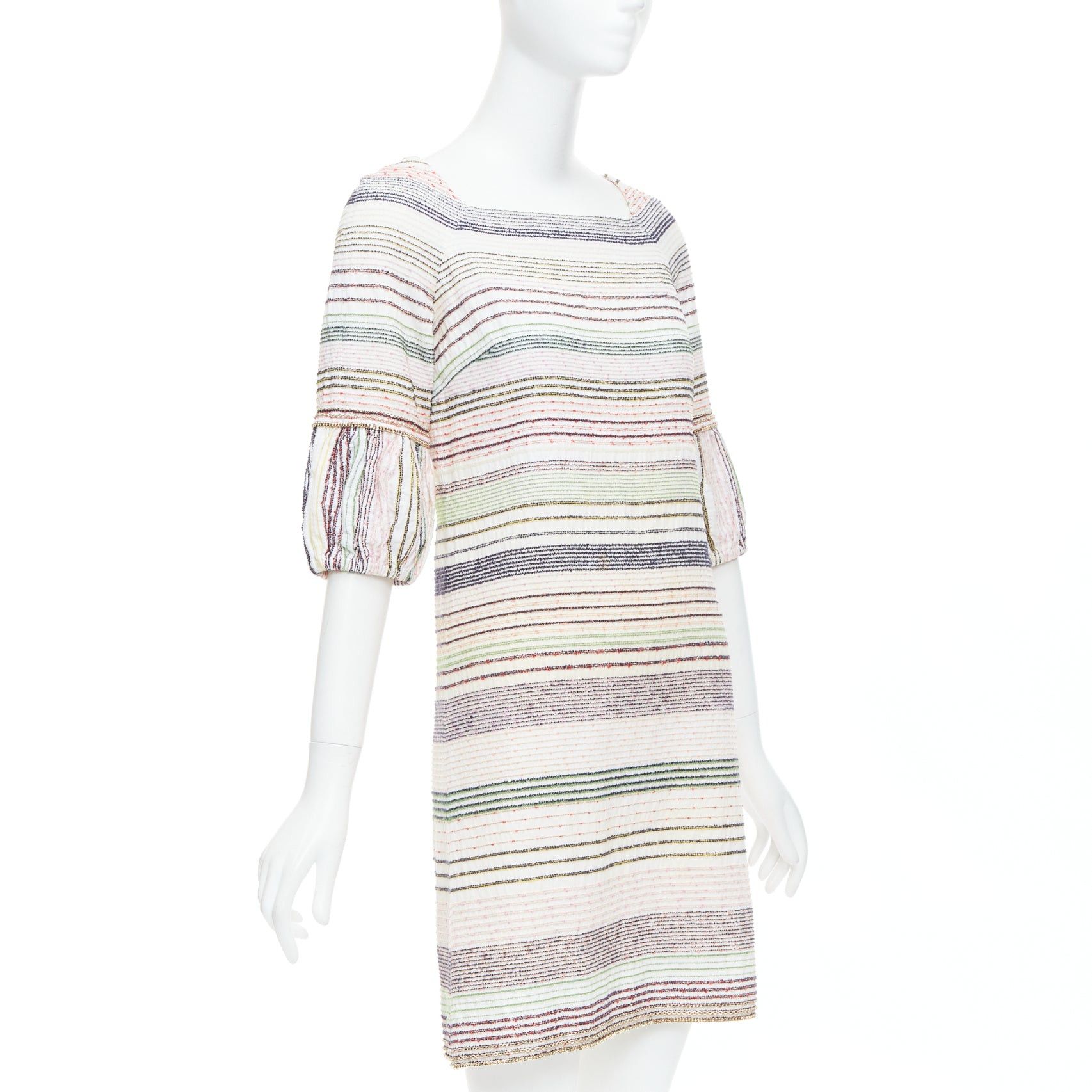 Chanel CHANEL 07A Runway white multicolor tweed chain trimmed sleeve dress FR36 S Size S / US 4 / IT 40 - 3 Thumbnail