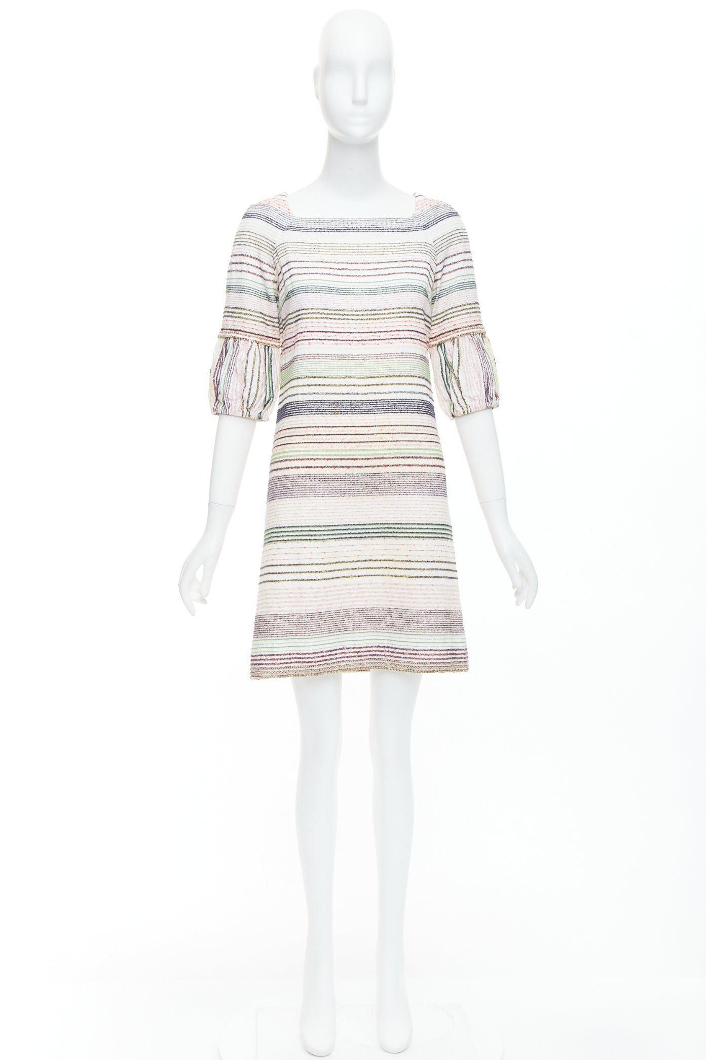 Chanel CHANEL 07A Runway white multicolor tweed chain trimmed sleeve dress FR36 S Size S / US 4 / IT 40 - 9 Thumbnail