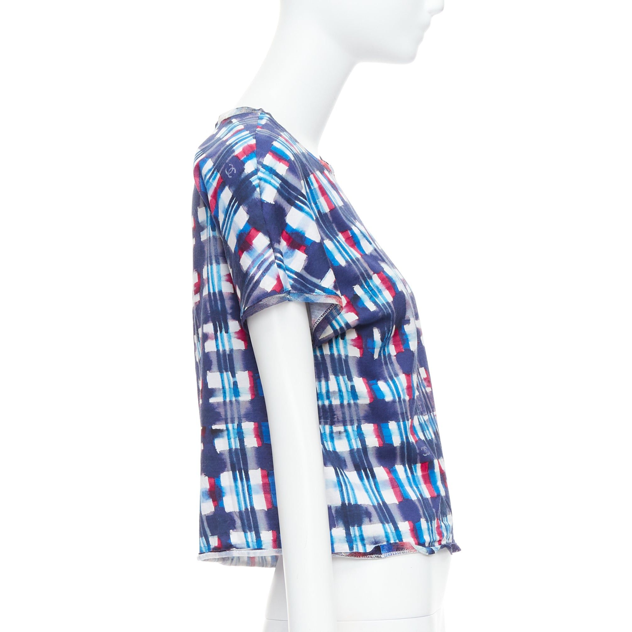 Chanel CHANEL 17P Runway blue red check CC logo print silk trim crop top FR36 S Size S / US 4 / IT 40 - 4 Thumbnail