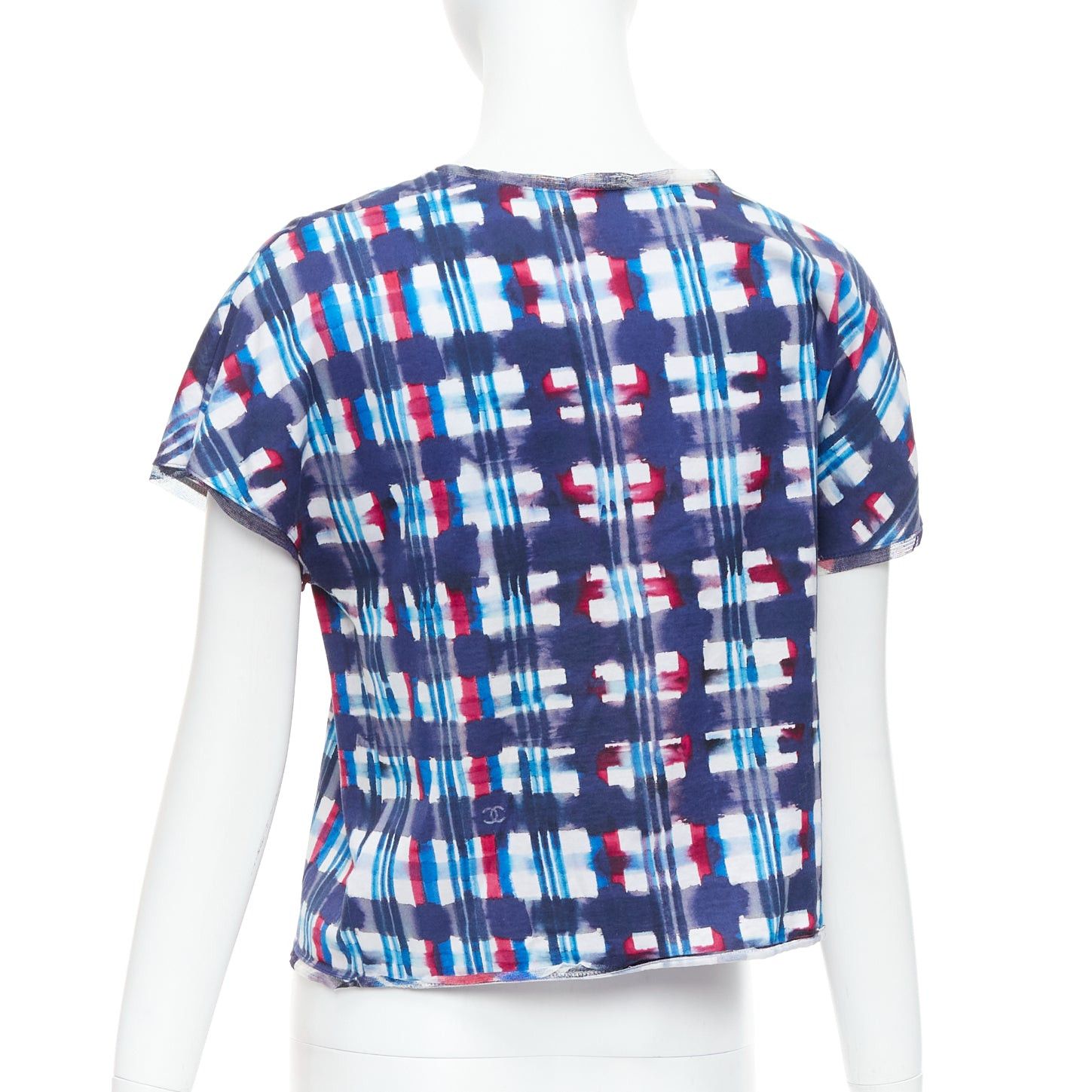 Chanel CHANEL 17P Runway blue red check CC logo print silk trim crop top FR36 S Size S / US 4 / IT 40 - 5 Thumbnail