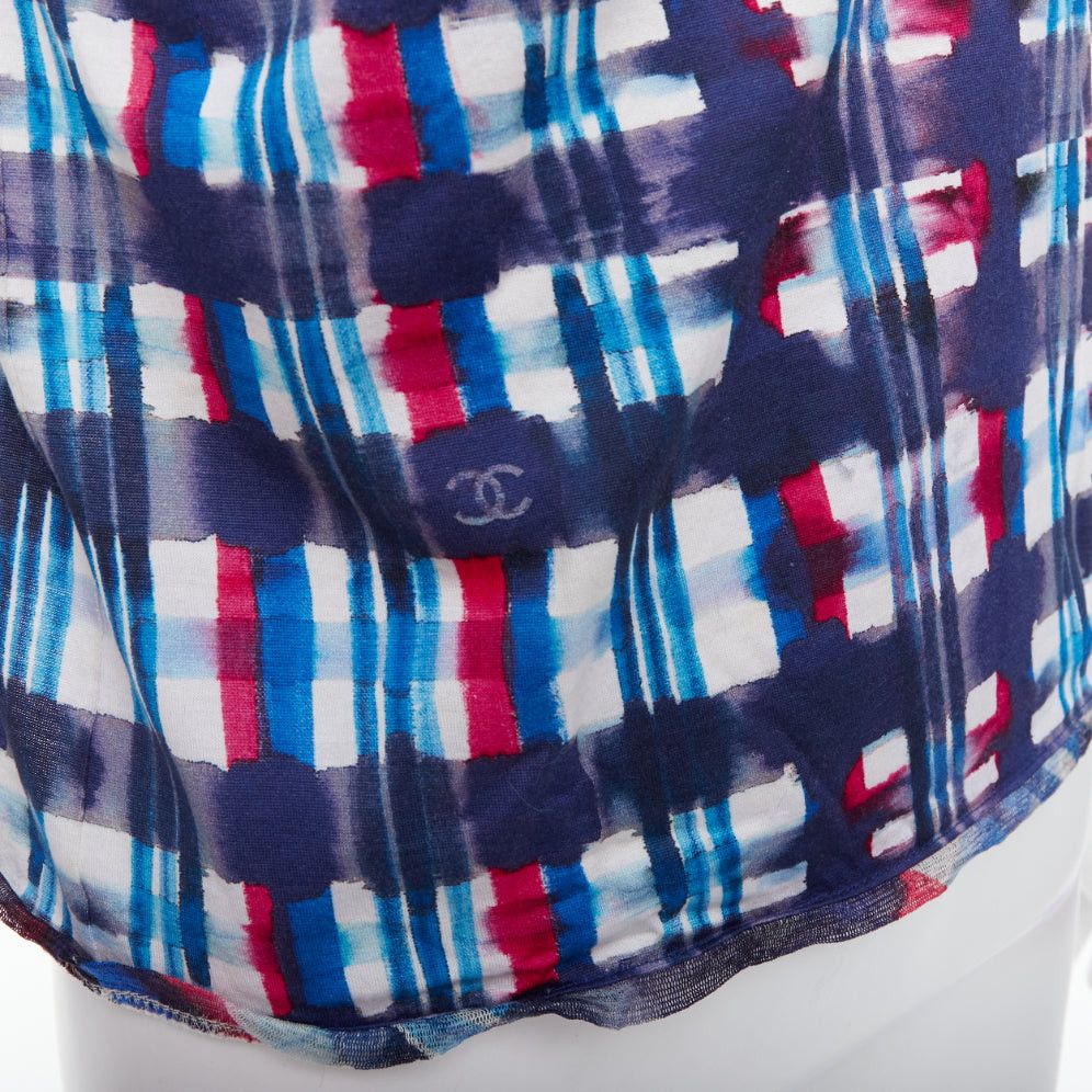 Chanel CHANEL 17P Runway blue red check CC logo print silk trim crop top FR36 S Size S / US 4 / IT 40 - 2 Thumbnail