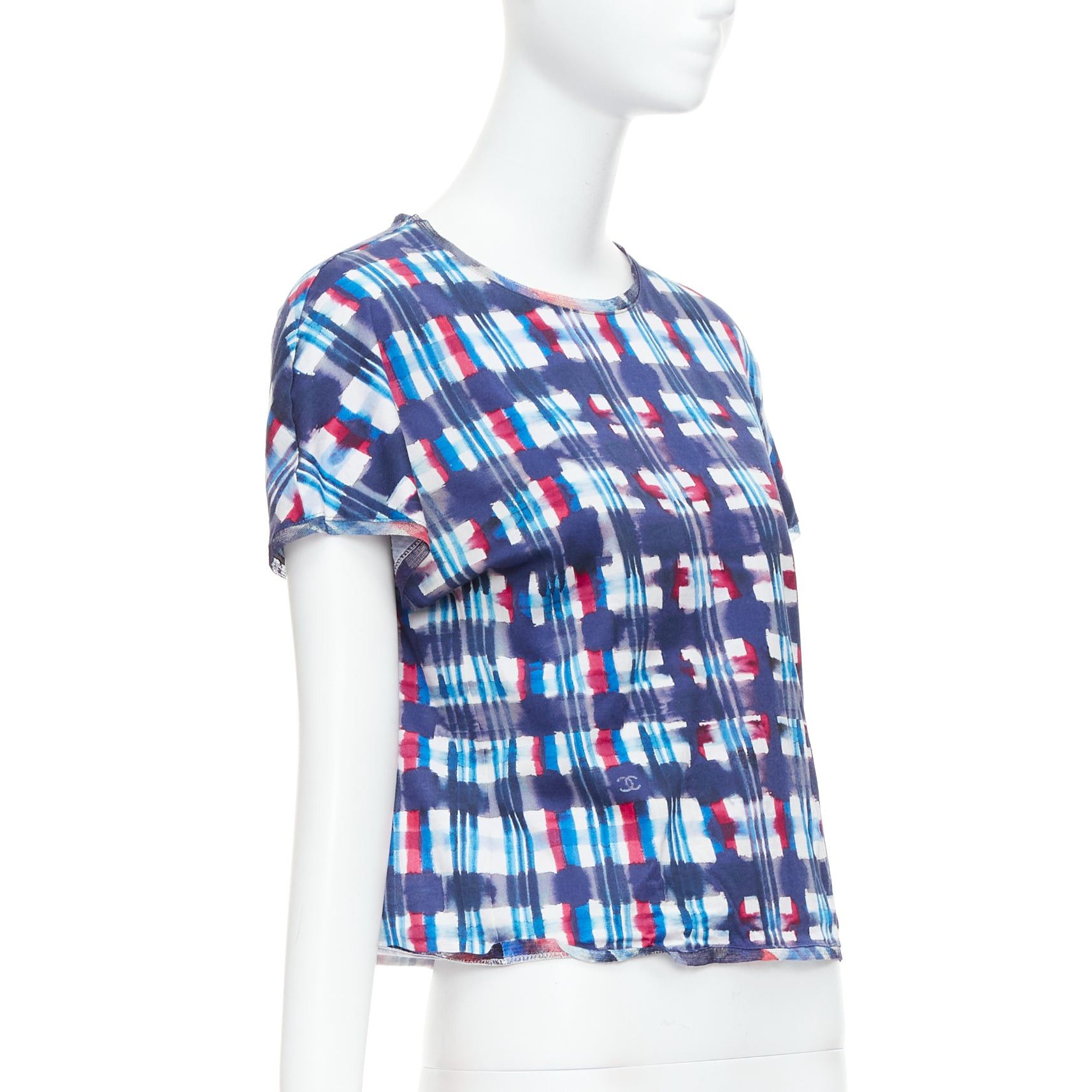 Chanel CHANEL 17P Runway blue red check CC logo print silk trim crop top FR36 S Size S / US 4 / IT 40 - 3 Thumbnail