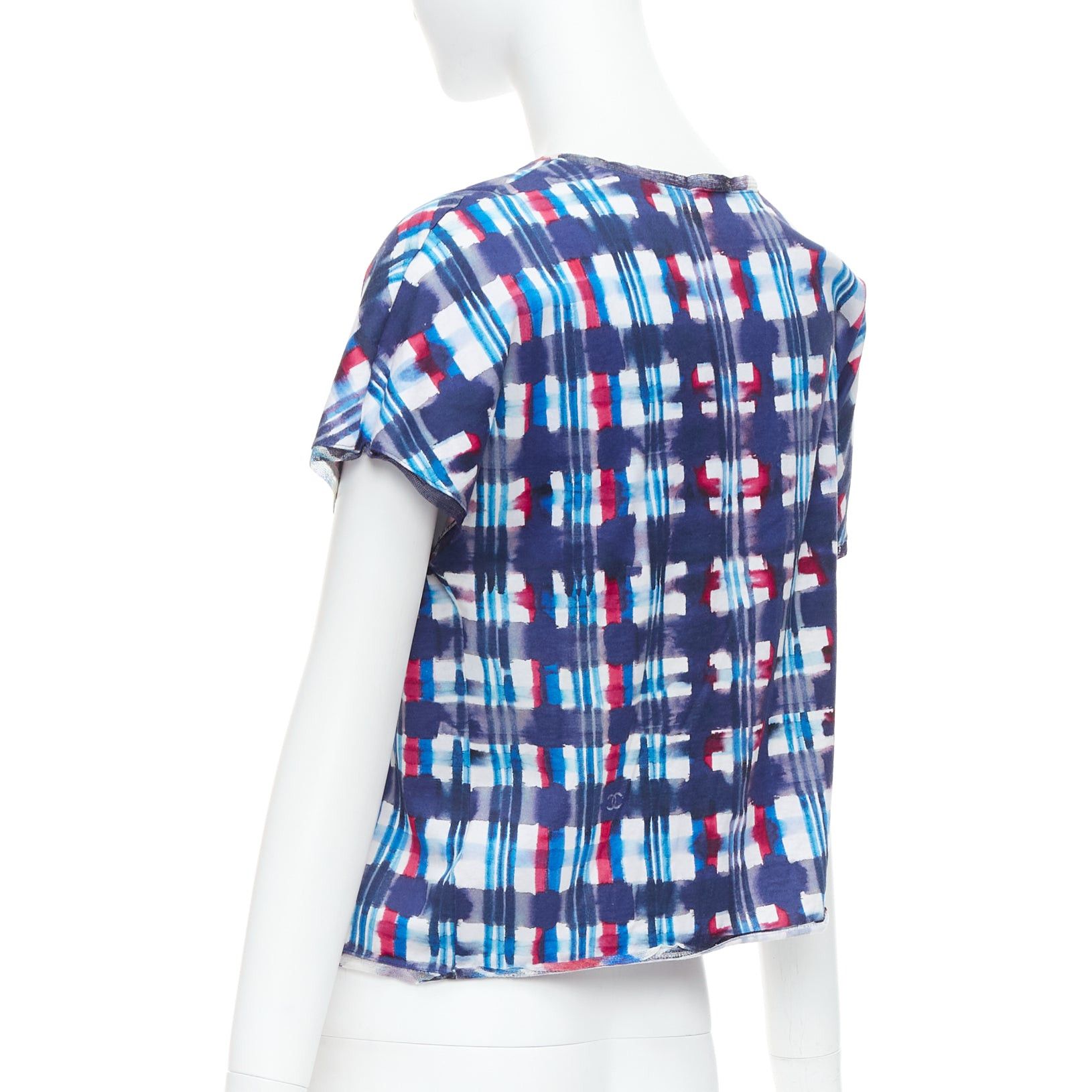 Chanel CHANEL 17P Runway blue red check CC logo print silk trim crop top FR36 S Size S / US 4 / IT 40 - 6 Thumbnail