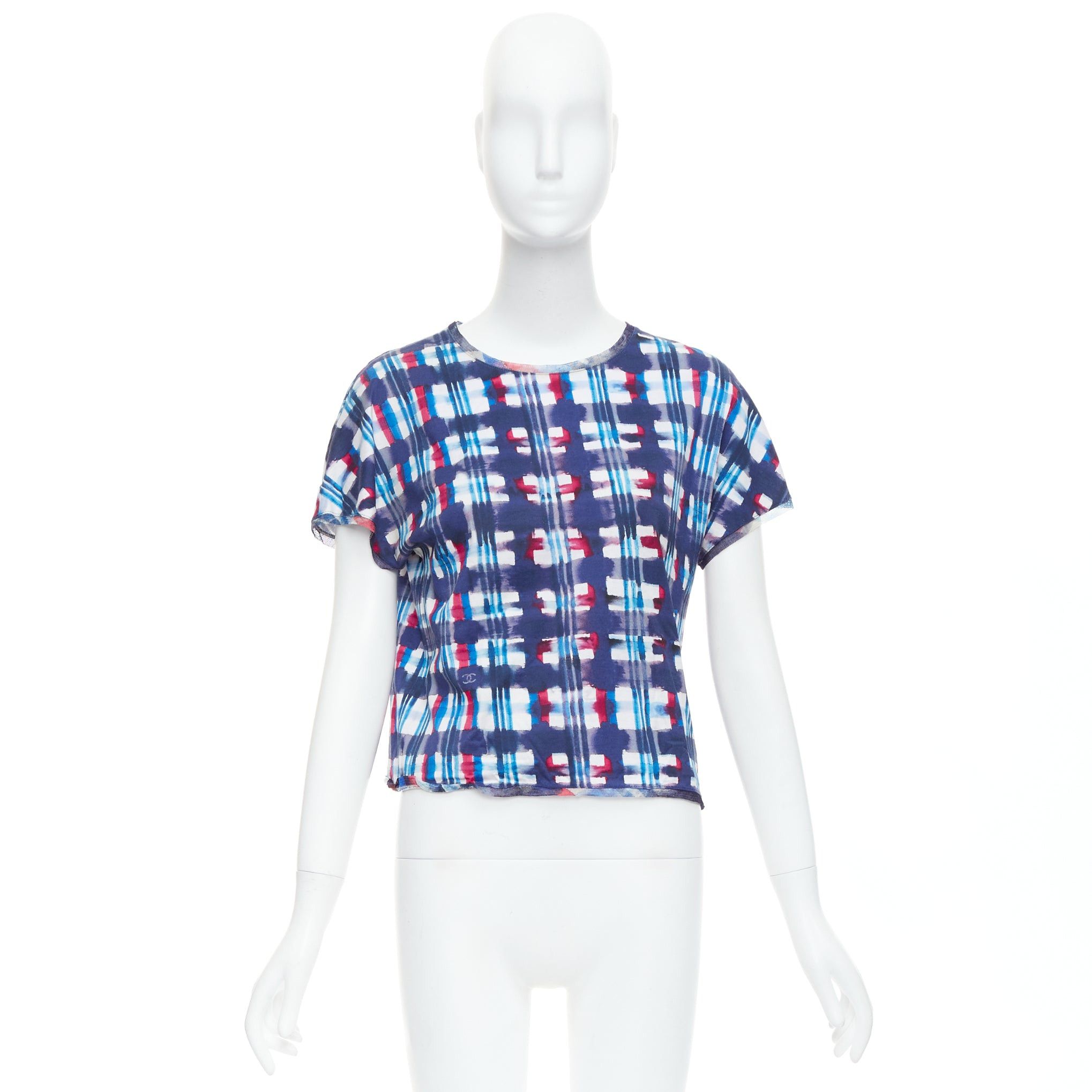 Chanel CHANEL 17P Runway blue red check CC logo print silk trim crop top FR36 S Size S / US 4 / IT 40 - 9 Thumbnail