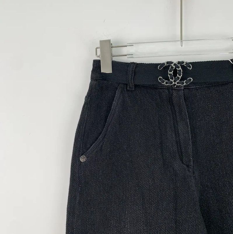 Chanel Chanel Black Cotton Wide Leg Jeans 0089 Size 22" - 3 Thumbnail