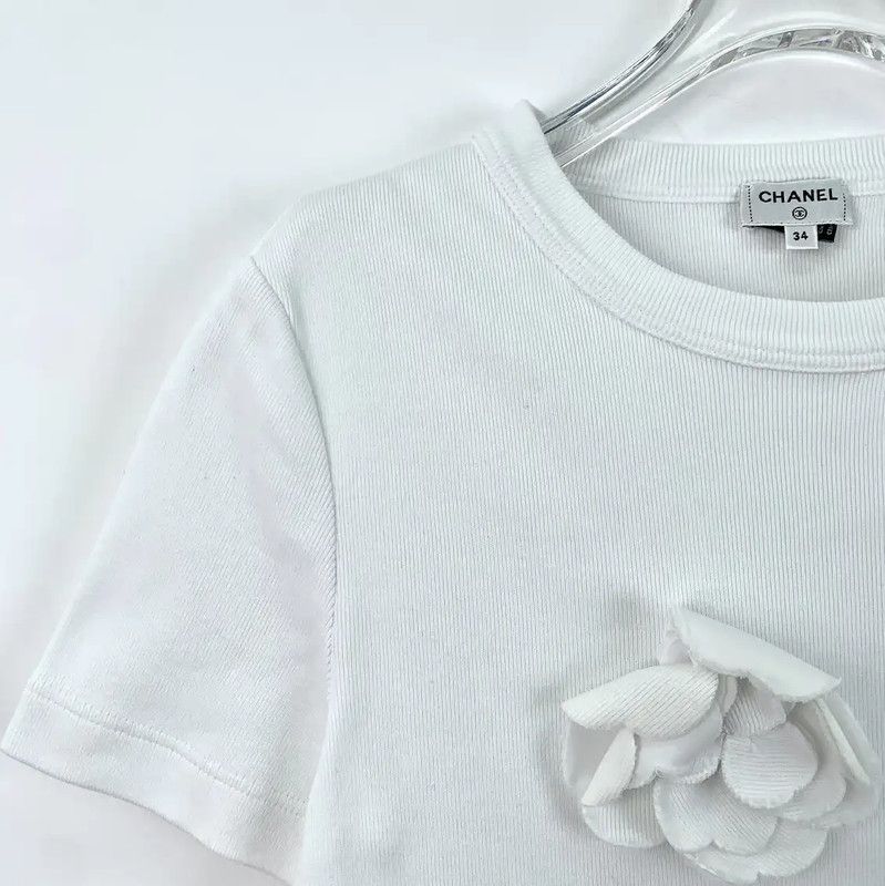 Chanel Chanel White Cotton T-Shirt with Floral Design 0089 Size XXS / US 00 / IT 34 - 3 Thumbnail