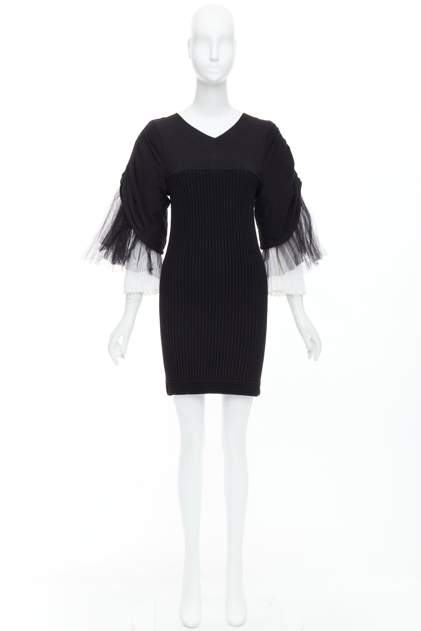 Chanel CHANEL 09P Runway Vintage black cream cotton puff tulle sleeve dress FR38 M Size XXL / US 16-18 / IT 52-54 - 9 Thumbnail