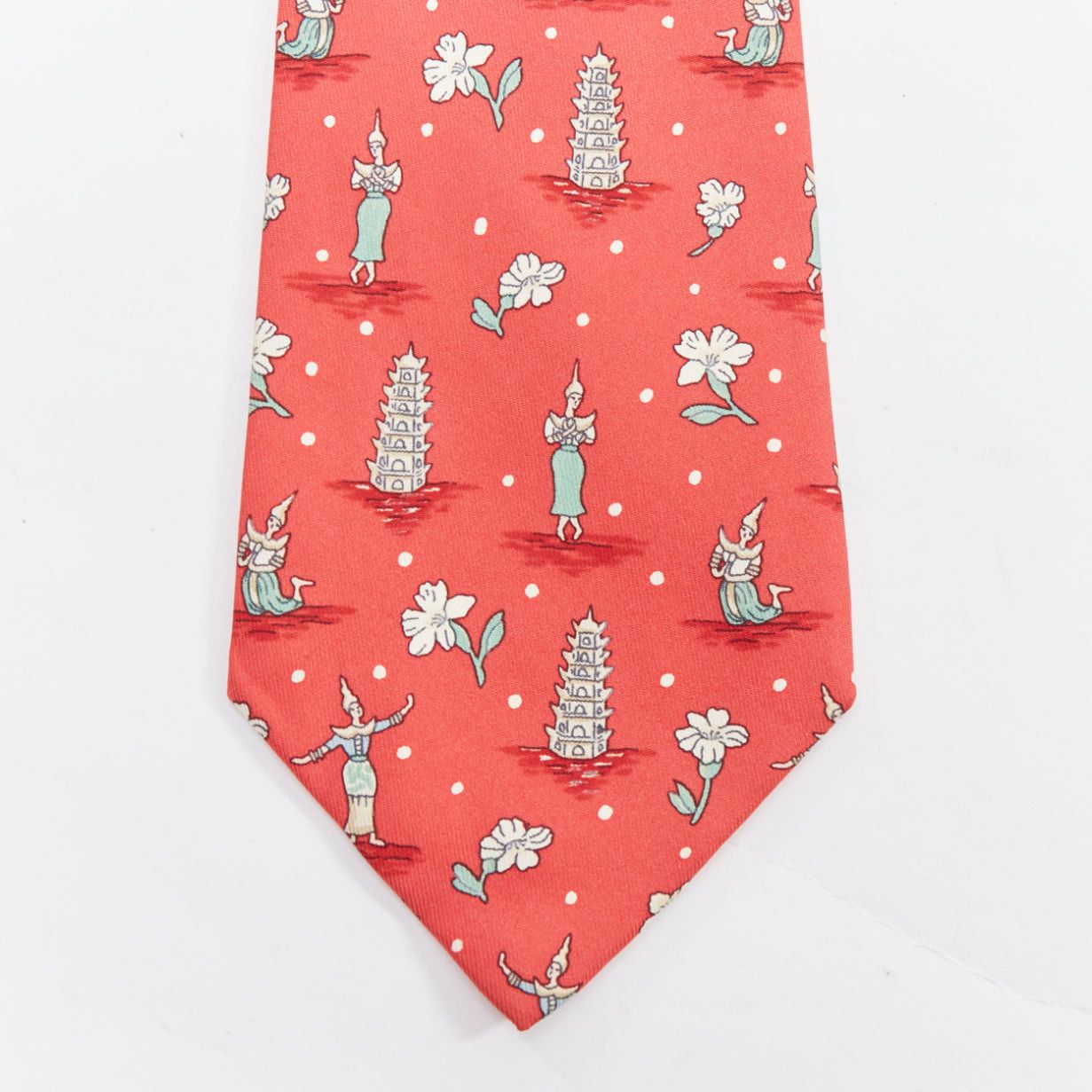 Hermes HERMES 7577 SA red green Thailand Pagoda Floral print silk tie Size ONE SIZE - 2 Thumbnail