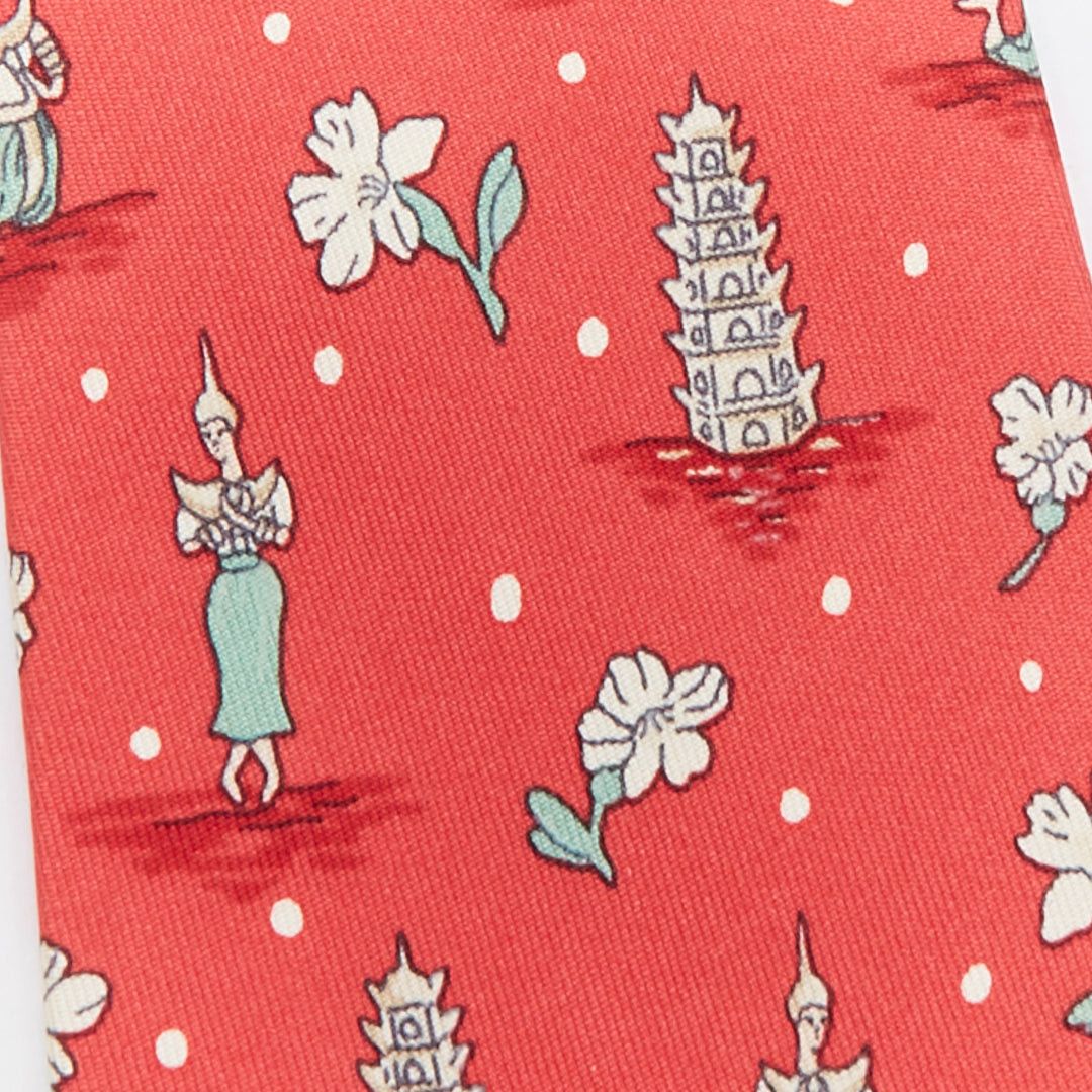 Hermes HERMES 7577 SA red green Thailand Pagoda Floral print silk tie Size ONE SIZE - 3 Thumbnail