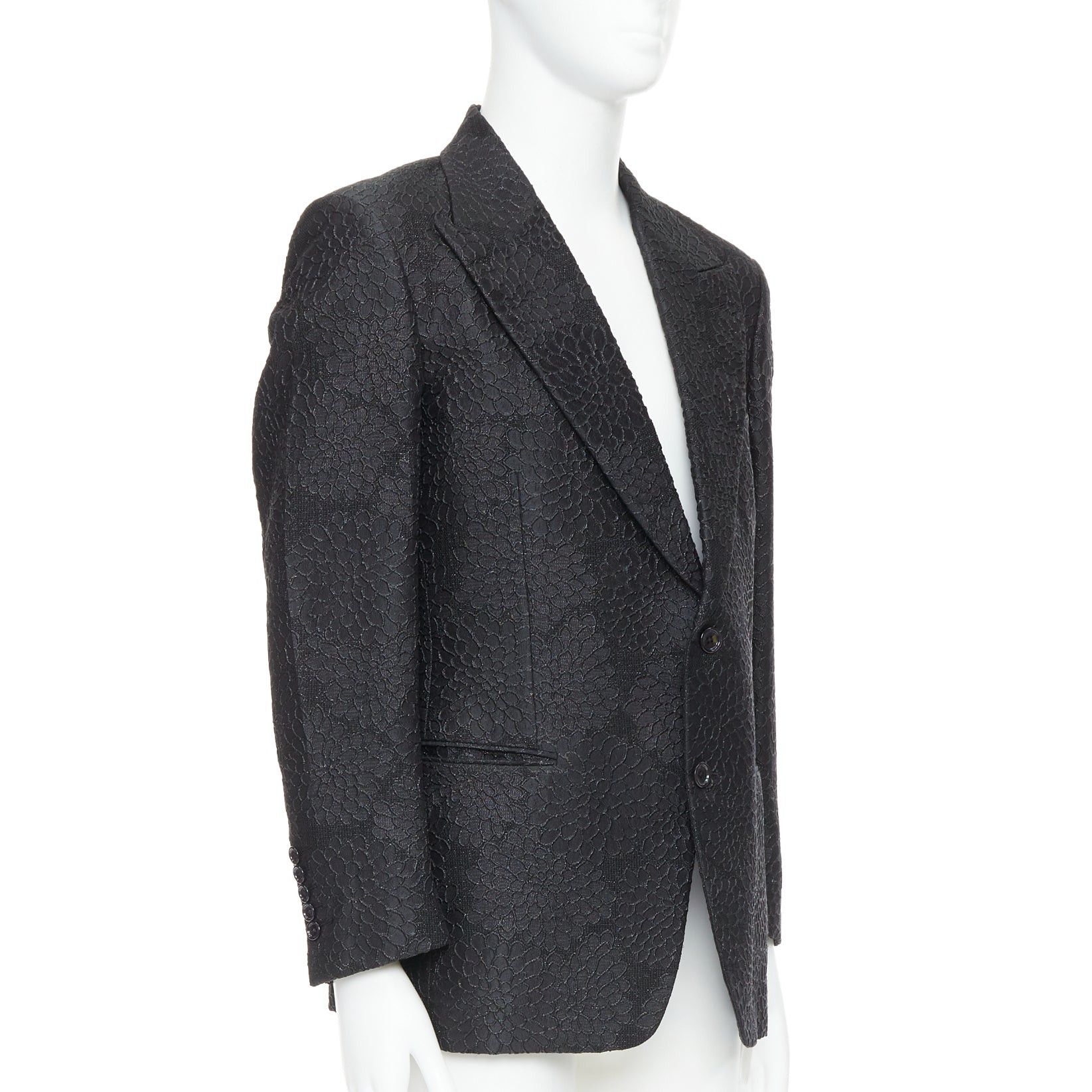 Tom Ford TOM FORD Cooper black floral 3D brocade peak lapel tuxedo blazer IT52 XL Size 52R - 3 Thumbnail
