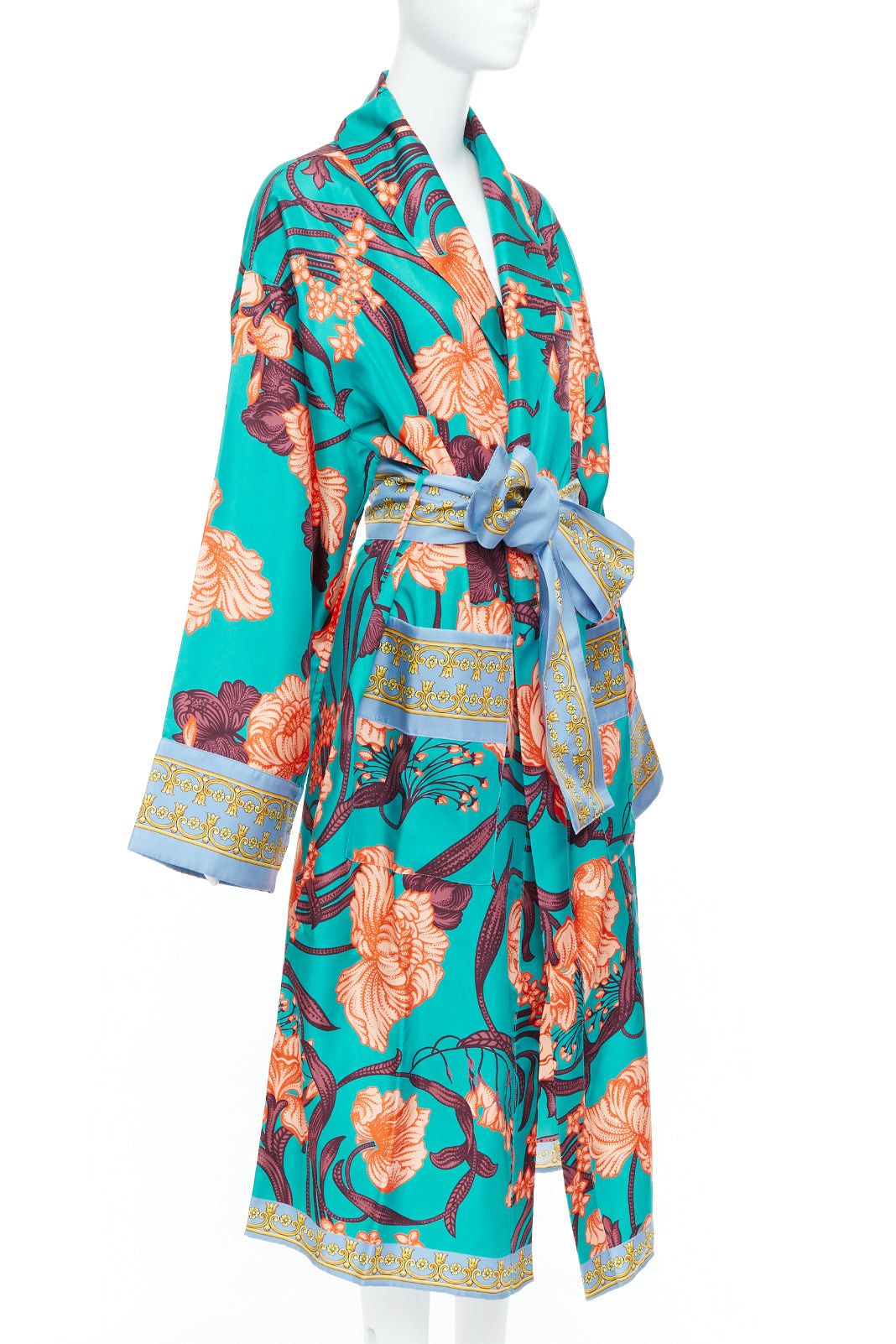 Versace VERSACE 100% silk Baroque Art Deco green orange floral Medusa print robe gown L Size L / US 10 / IT 46 - 3 Thumbnail