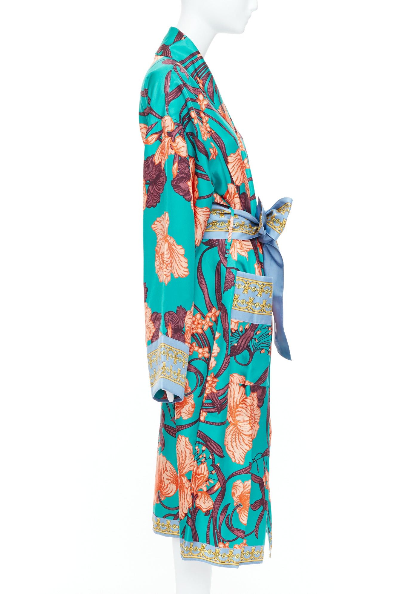 Versace VERSACE 100% silk Baroque Art Deco green orange floral Medusa print robe gown L Size L / US 10 / IT 46 - 4 Thumbnail