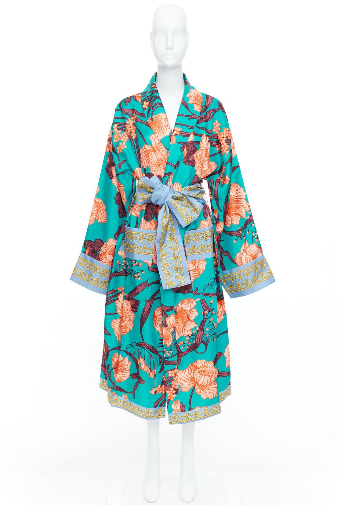 Versace VERSACE 100% silk Baroque Art Deco green orange floral Medusa print robe gown L Size L / US 10 / IT 46 - 9 Thumbnail