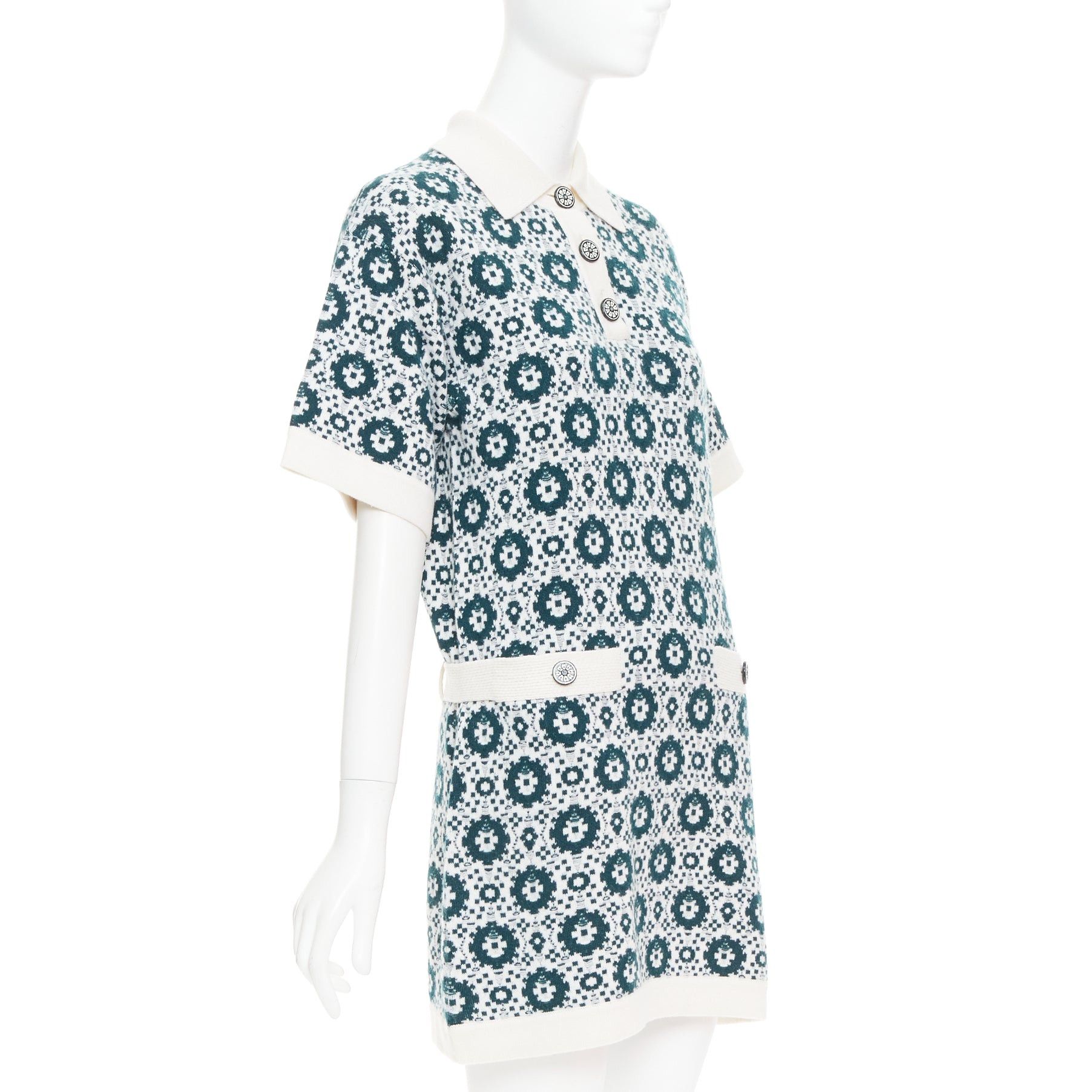 Chanel CHANEL 2016 100% cashmere knit green mosaic CC button polo dress FR38 M Size M / US 6-8 / IT 42-44 - 3 Thumbnail
