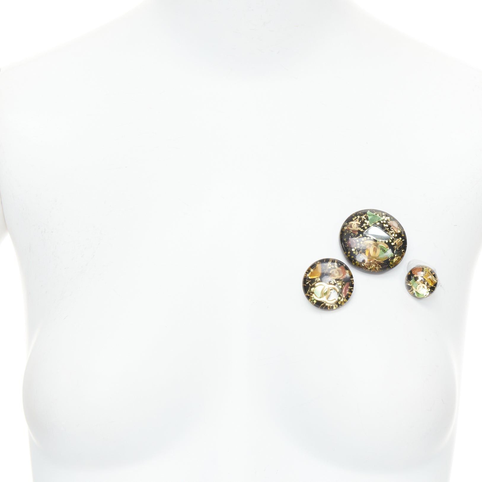 Chanel CHANEL 05P Vintage Set of 3 green resin gold CC logo glitter speckle pin brooch Size ONE SIZE - 2 Thumbnail