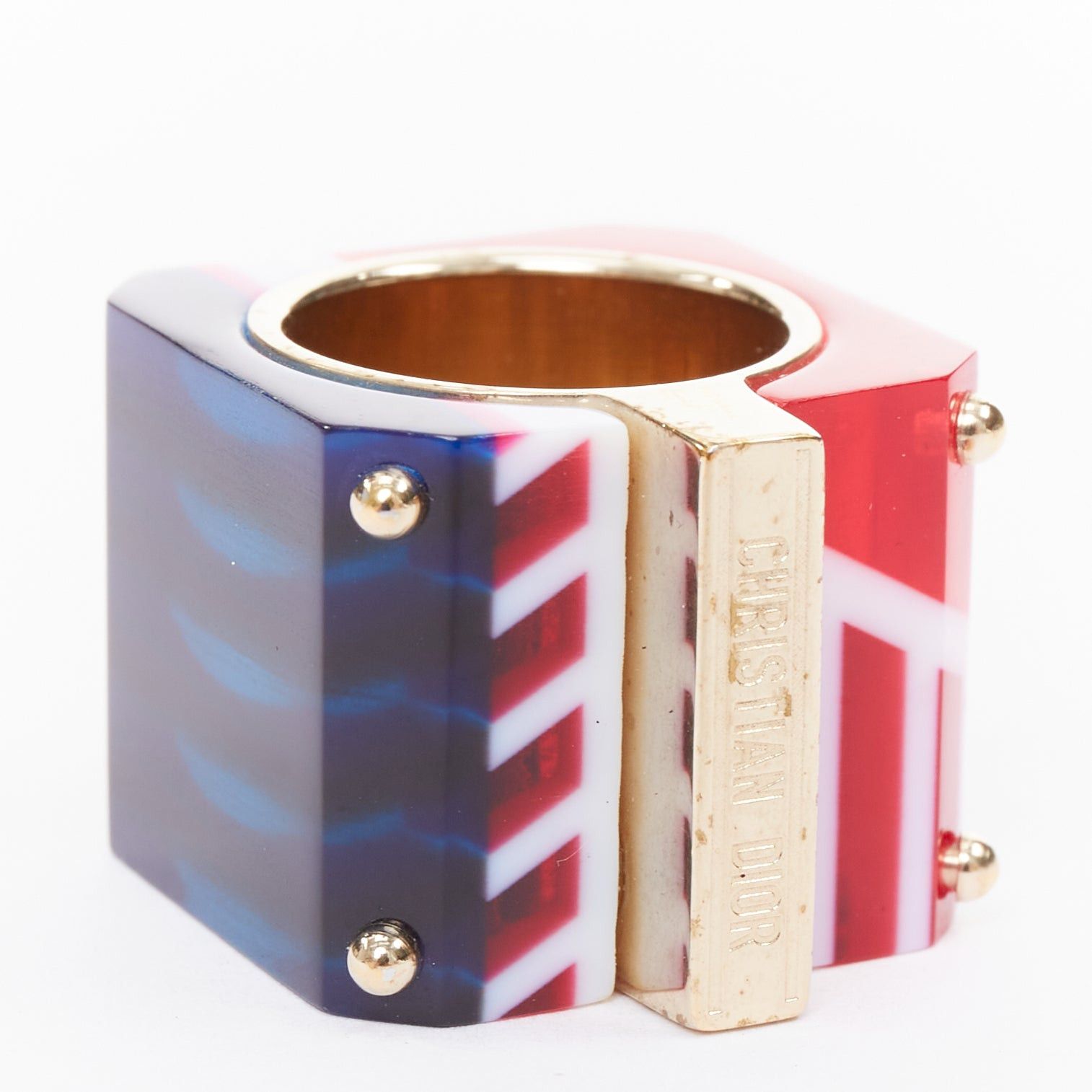 Dior DIOR 2922 Sorbet Cube red blue geometric resin gold logo statement ring Size ONE SIZE - 3 Thumbnail