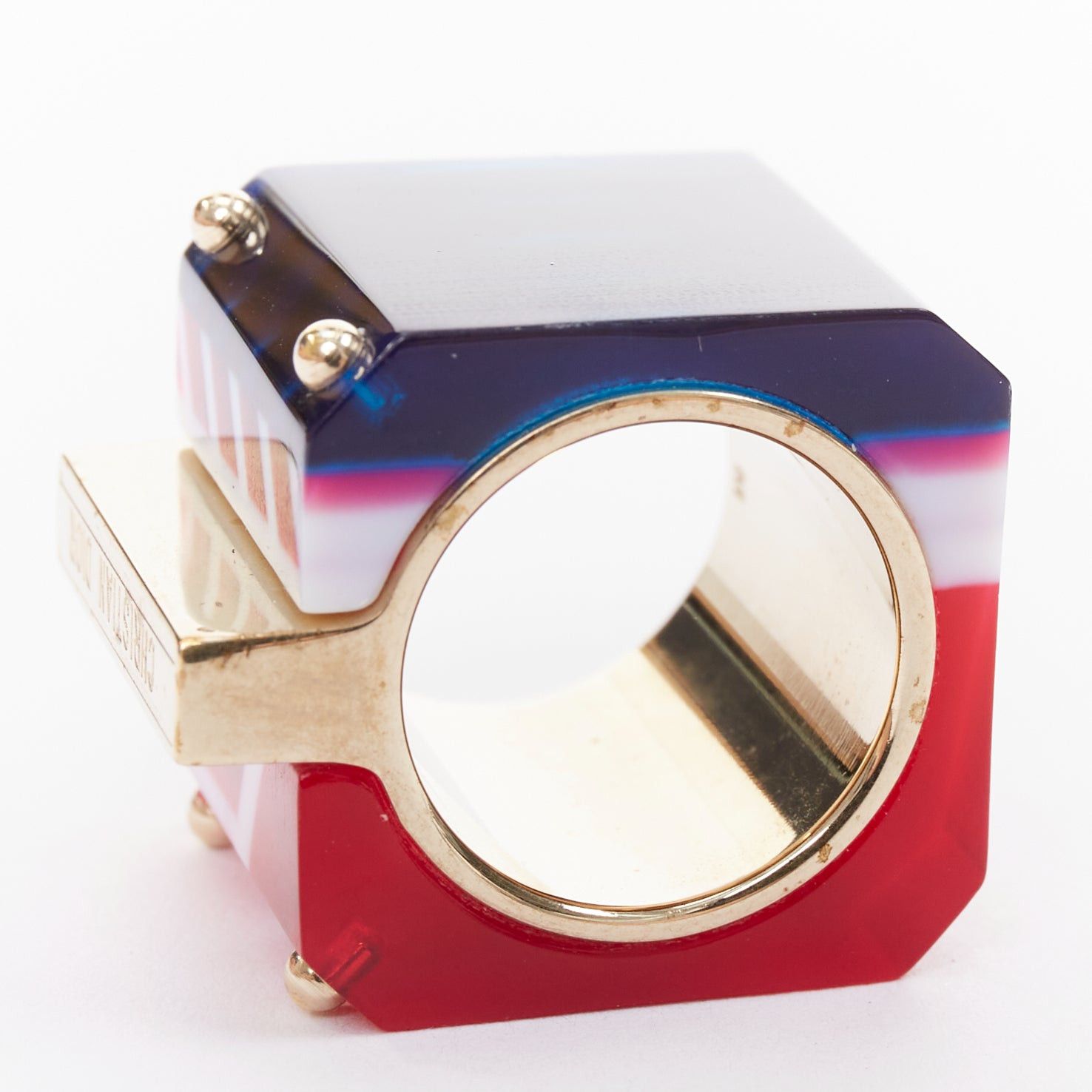 Dior DIOR 2922 Sorbet Cube red blue geometric resin gold logo statement ring Size ONE SIZE - 6 Thumbnail