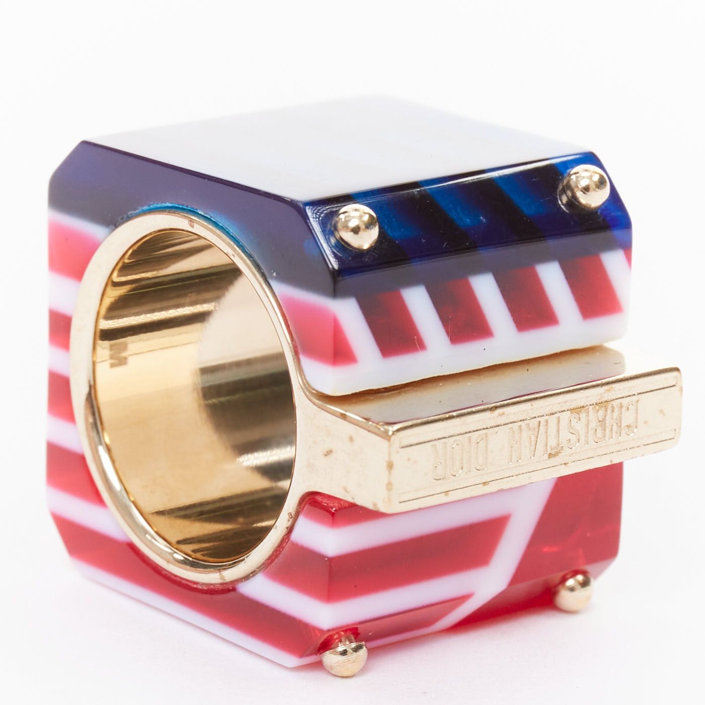 Dior DIOR 2922 Sorbet Cube red blue geometric resin gold logo statement ring Size ONE SIZE - 2 Thumbnail