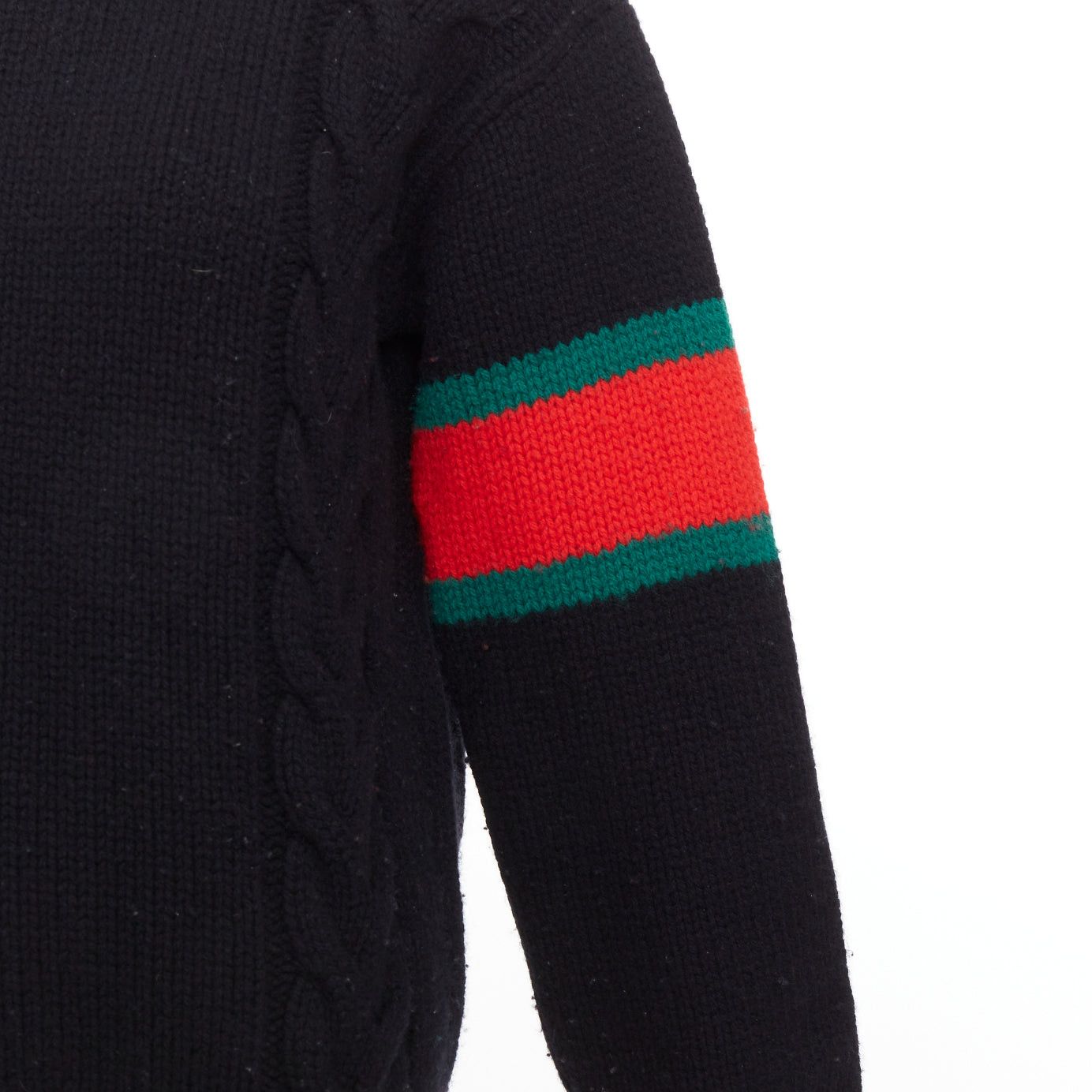 Gucci GUCCI 2021 black wool red green trim cable braid crew neck sweater XS Size S / US 4 / IT 40 - 2 Thumbnail