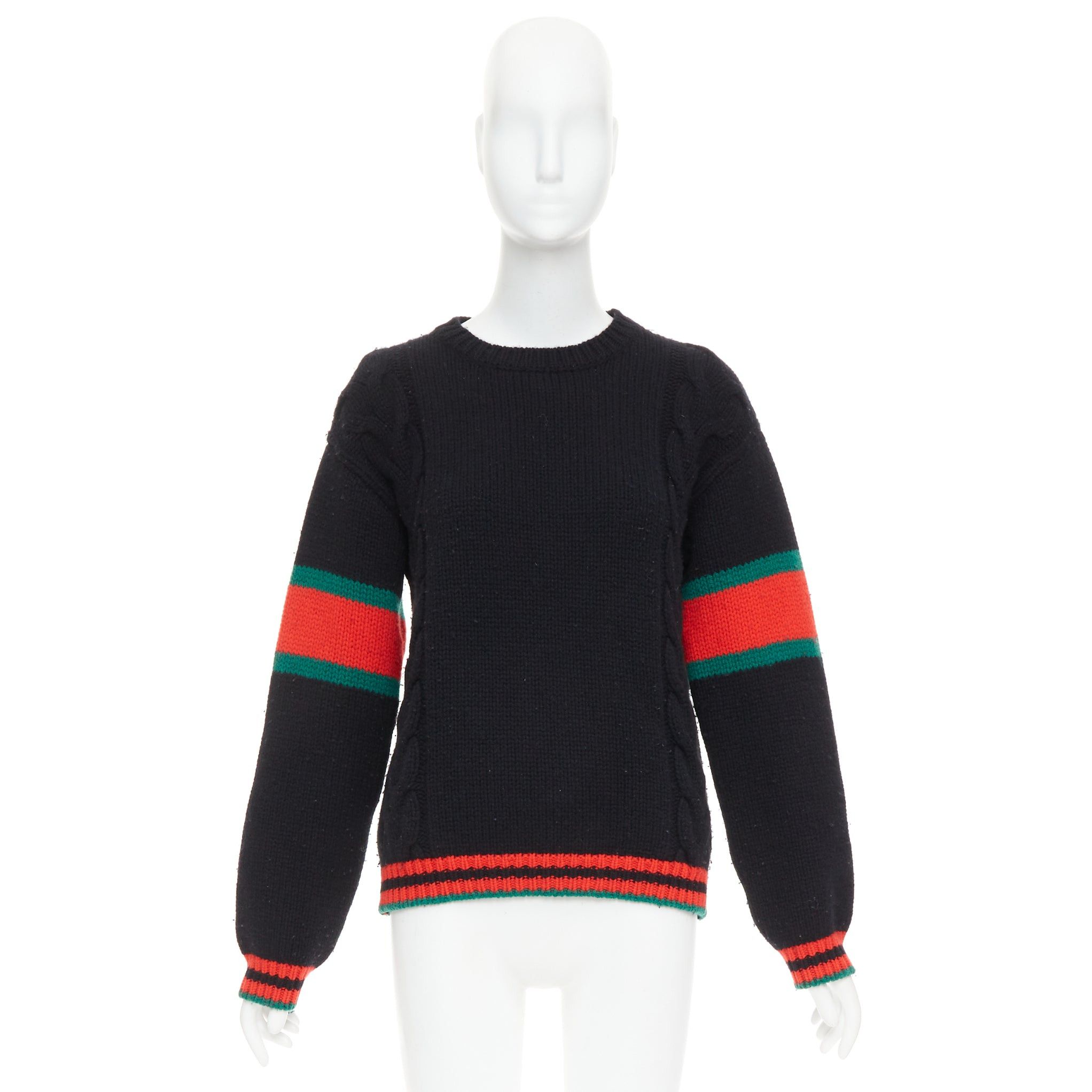 Gucci GUCCI 2021 black wool red green trim cable braid crew neck sweater XS Size S / US 4 / IT 40 - 9 Thumbnail