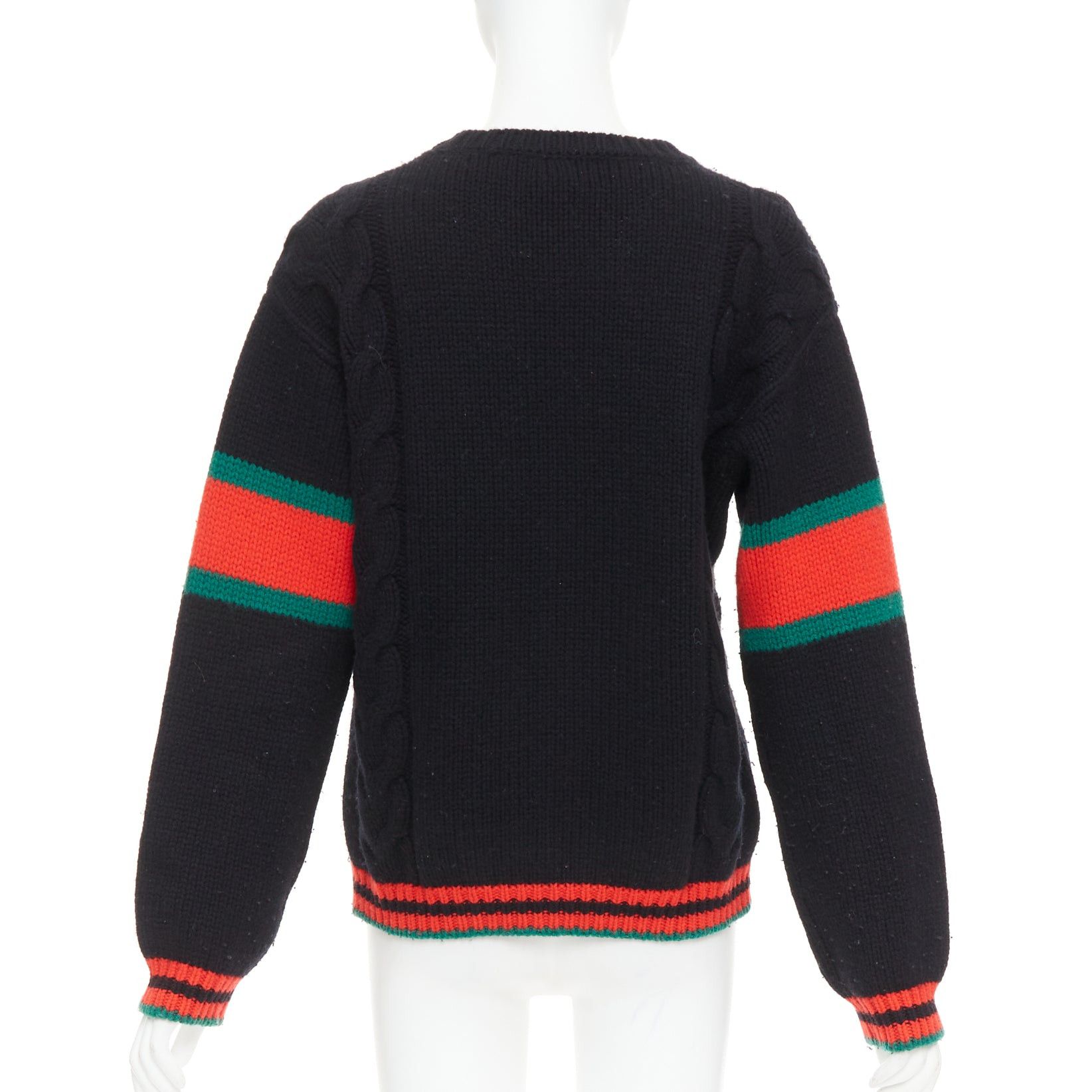 Gucci GUCCI 2021 black wool red green trim cable braid crew neck sweater XS Size S / US 4 / IT 40 - 5 Thumbnail