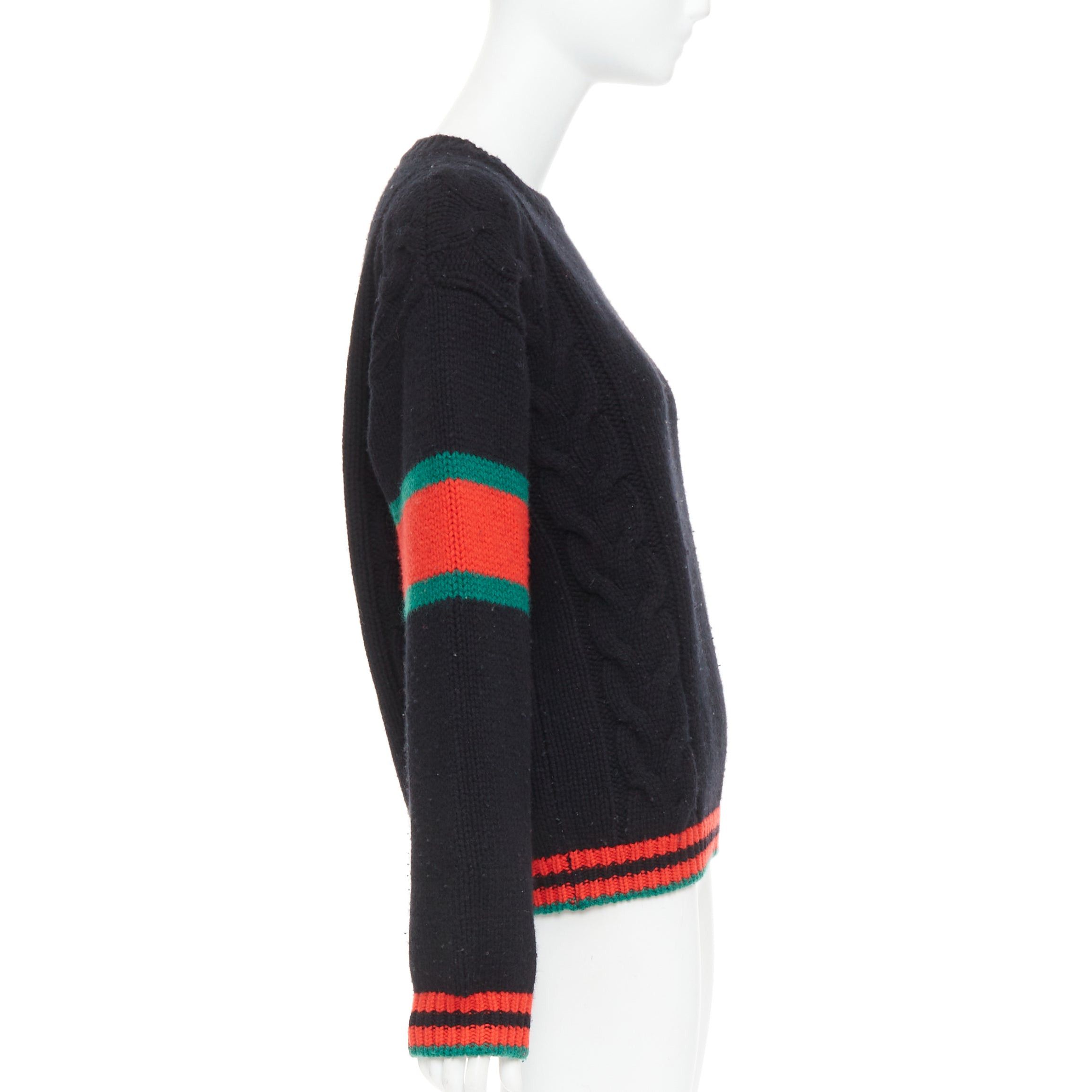 Gucci GUCCI 2021 black wool red green trim cable braid crew neck sweater XS Size S / US 4 / IT 40 - 4 Thumbnail