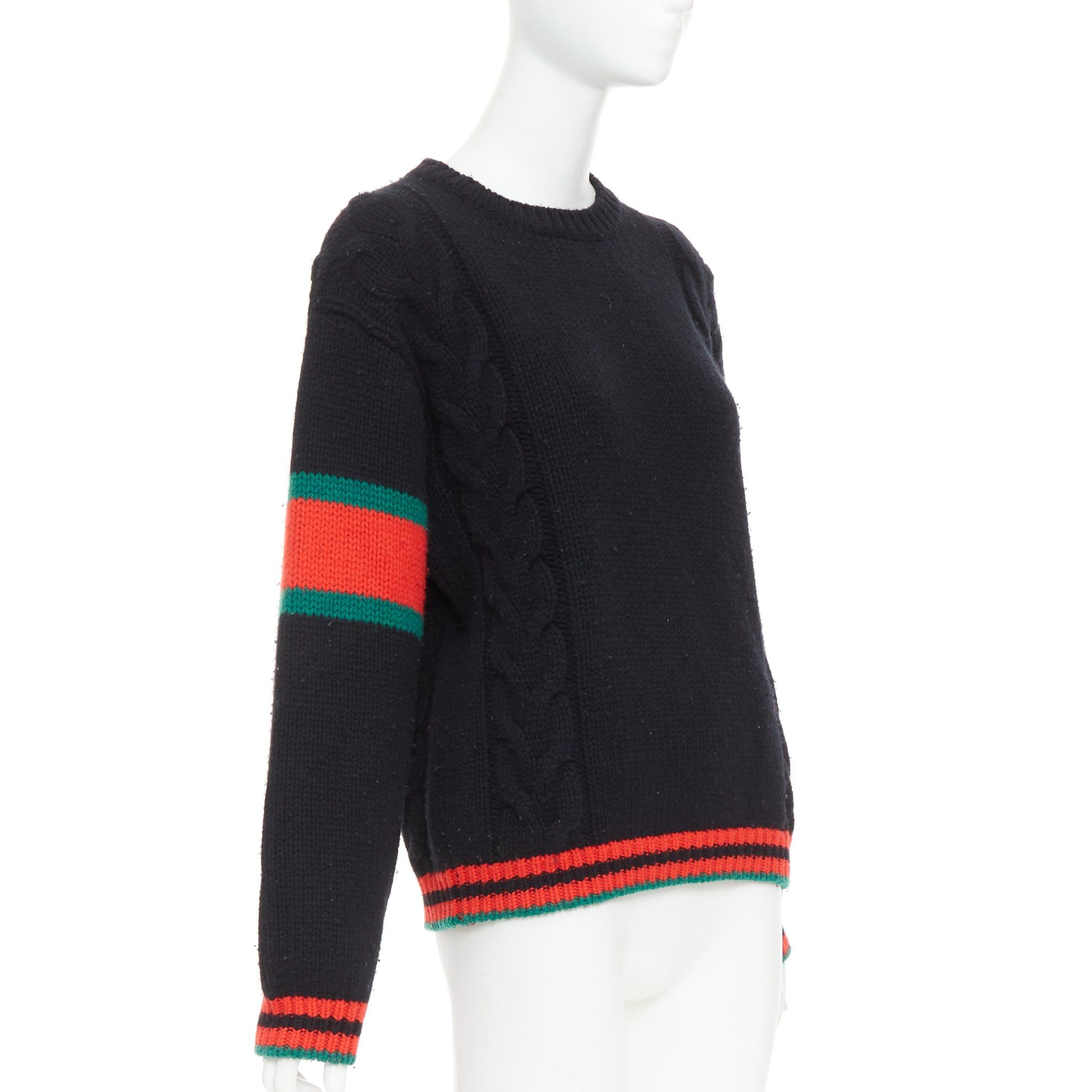 Gucci GUCCI 2021 black wool red green trim cable braid crew neck sweater XS Size S / US 4 / IT 40 - 3 Thumbnail