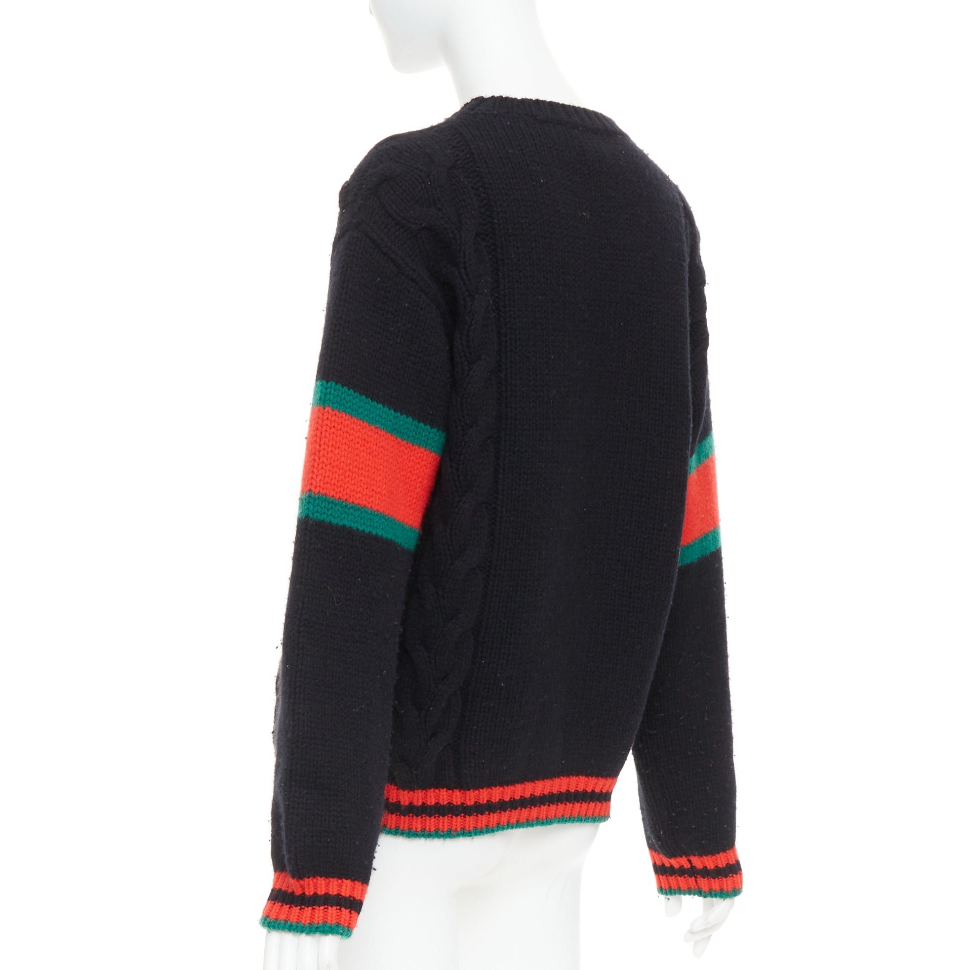 Gucci GUCCI 2021 black wool red green trim cable braid crew neck sweater XS Size S / US 4 / IT 40 - 6 Thumbnail