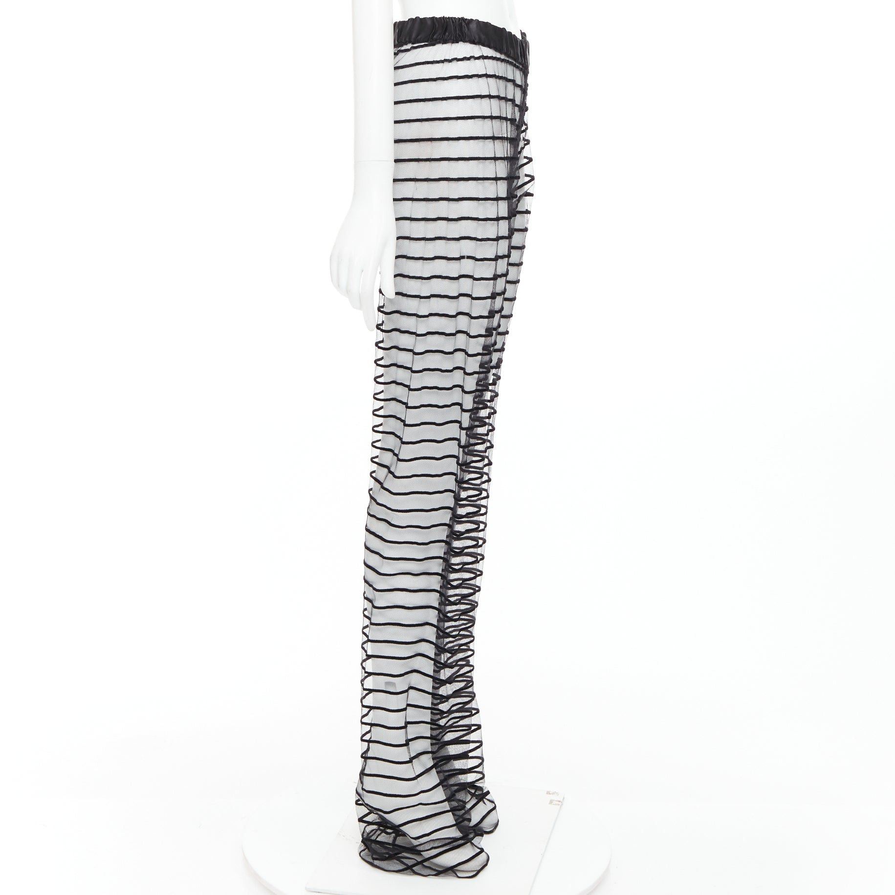 Dries Van Noten DRIES VAN NOTEN black flocked mesh striped sheer straight leg pants FR38 M Size 28" / US 6 / IT 42 - 4 Thumbnail