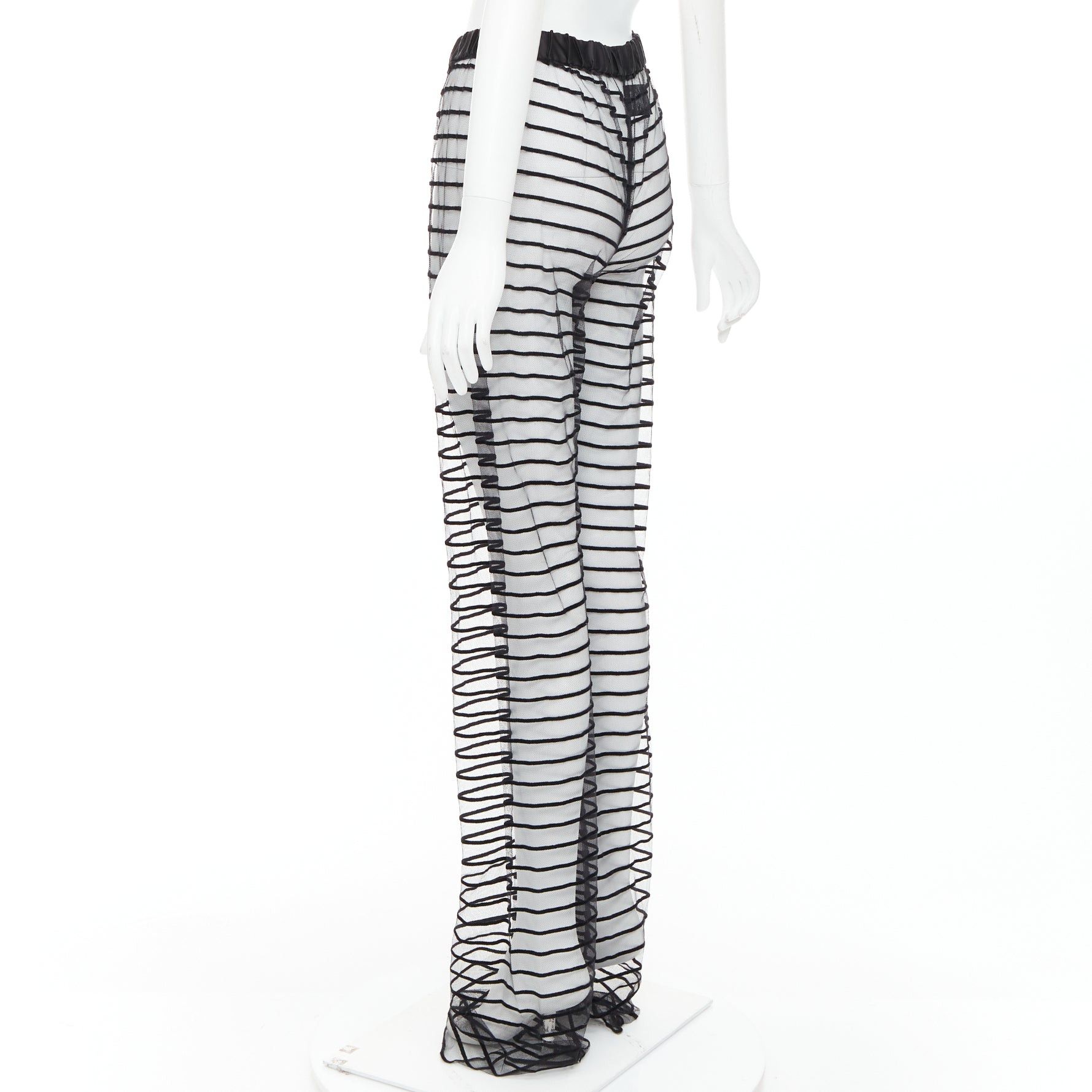 Dries Van Noten DRIES VAN NOTEN black flocked mesh striped sheer straight leg pants FR38 M Size 28" / US 6 / IT 42 - 6 Thumbnail
