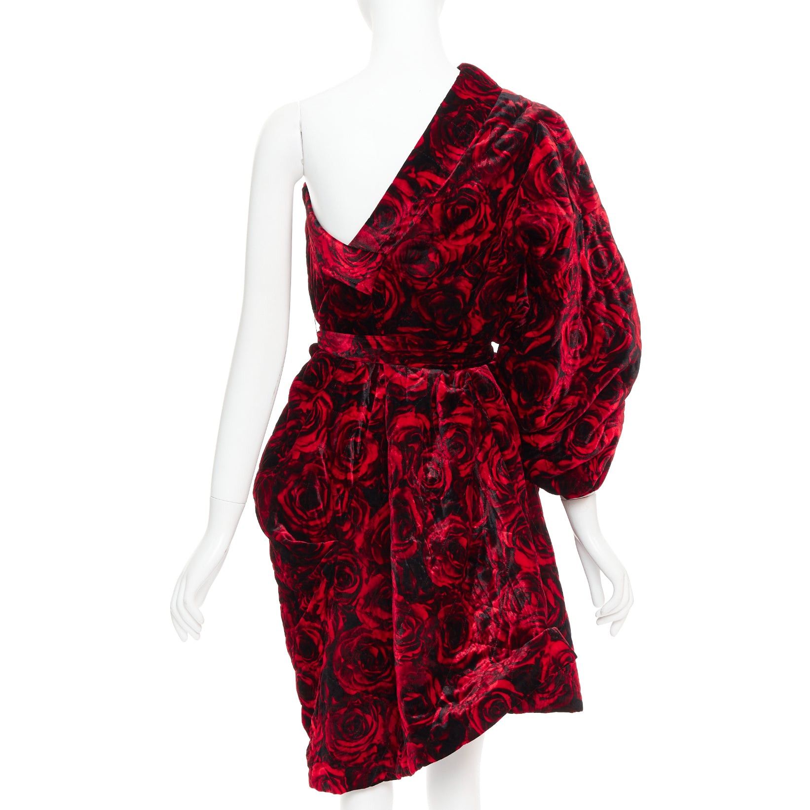 Dries Van Noten DRIES VAN NOTEN Runway Delta red rose print velvet quilted one shoulder dress FR38 M Size M / US 6-8 / IT 42-44 - 5 Thumbnail