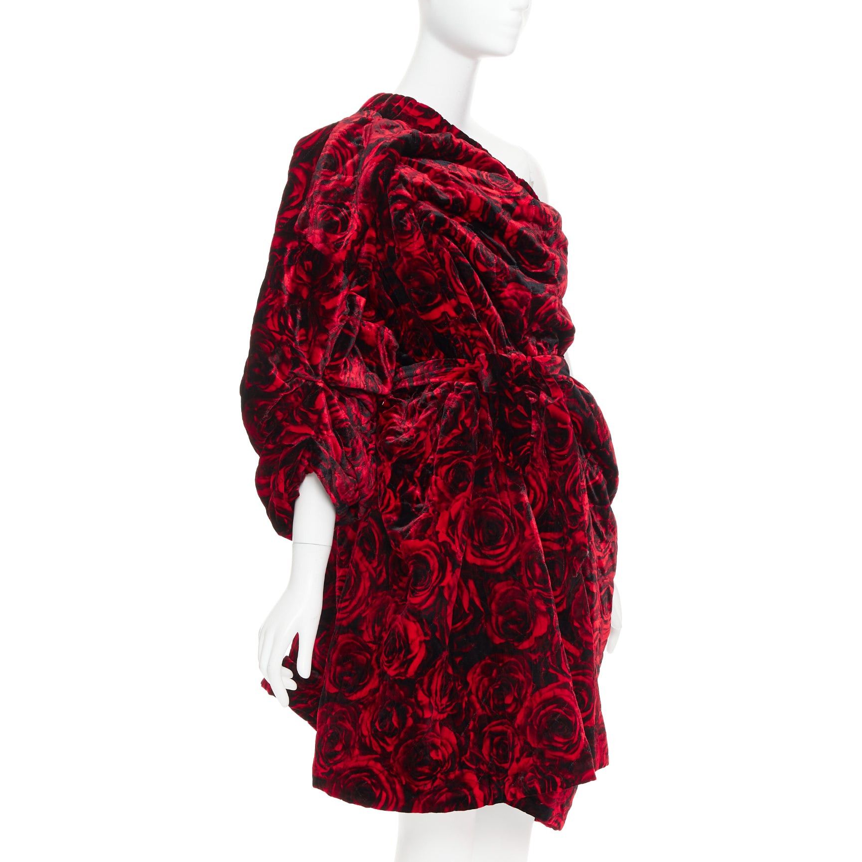 Dries Van Noten DRIES VAN NOTEN Runway Delta red rose print velvet quilted one shoulder dress FR38 M Size M / US 6-8 / IT 42-44 - 3 Thumbnail