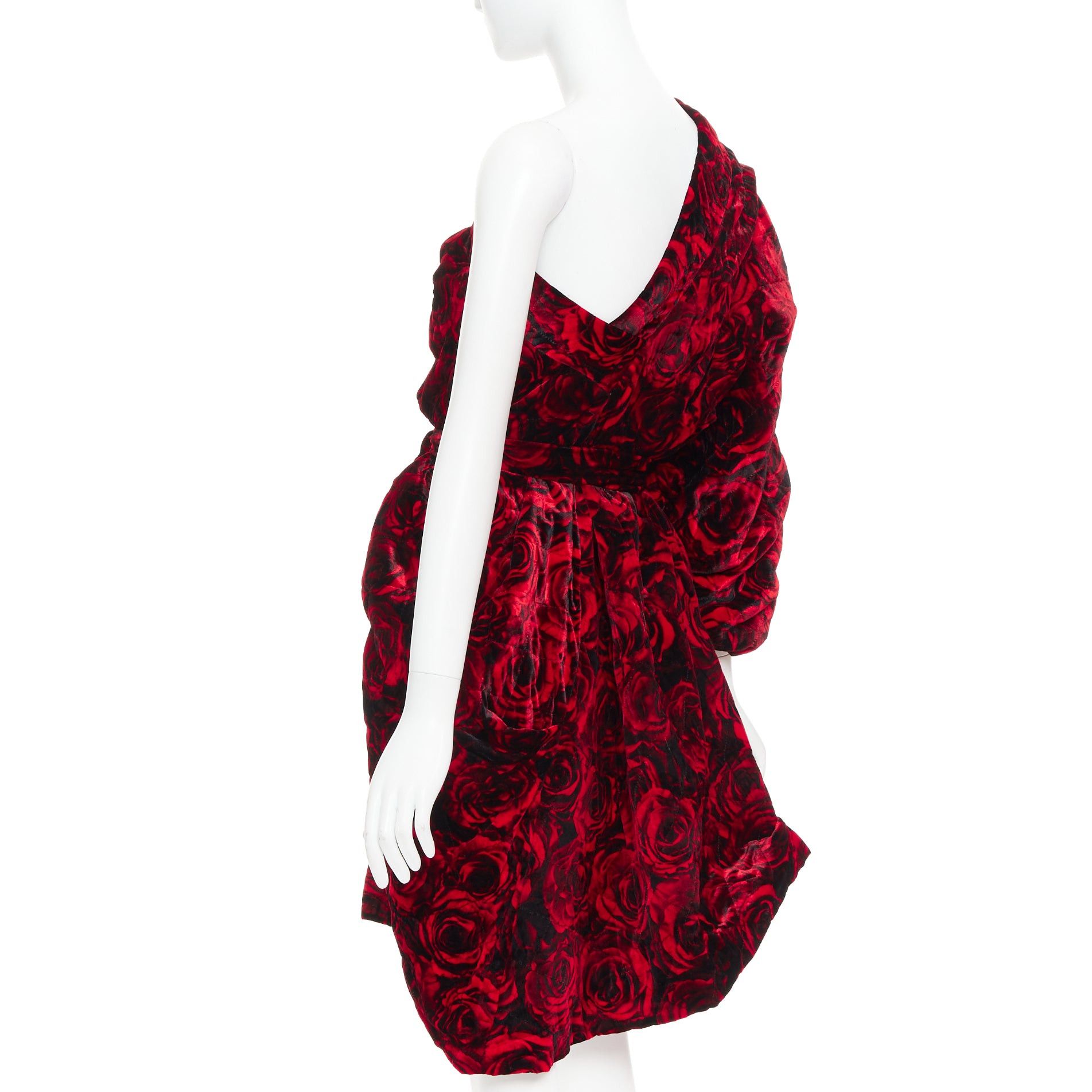 Dries Van Noten DRIES VAN NOTEN Runway Delta red rose print velvet quilted one shoulder dress FR38 M Size M / US 6-8 / IT 42-44 - 6 Thumbnail