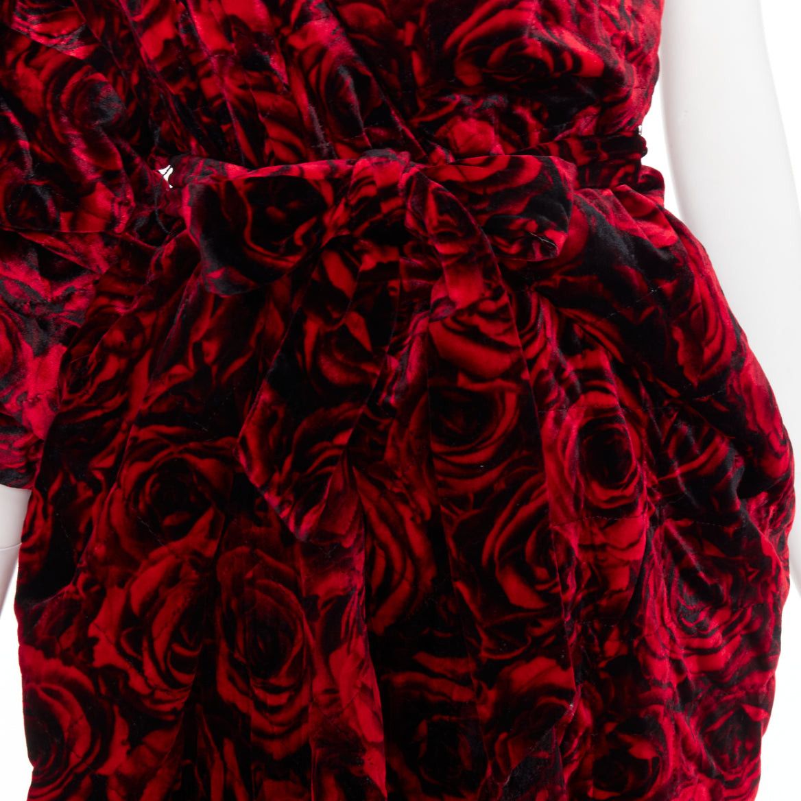 Dries Van Noten DRIES VAN NOTEN Runway Delta red rose print velvet quilted one shoulder dress FR38 M Size M / US 6-8 / IT 42-44 - 7 Thumbnail