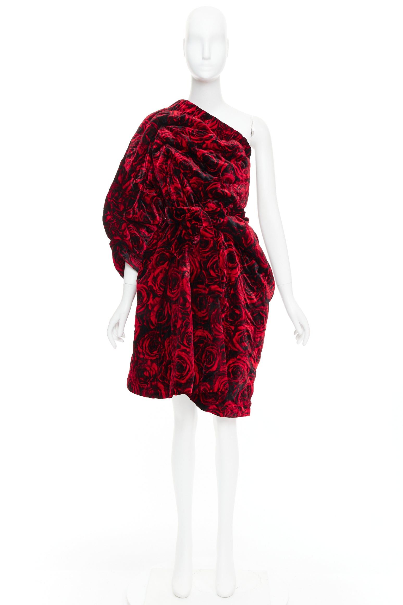 Dries Van Noten DRIES VAN NOTEN Runway Delta red rose print velvet quilted one shoulder dress FR38 M Size M / US 6-8 / IT 42-44 - 9 Thumbnail