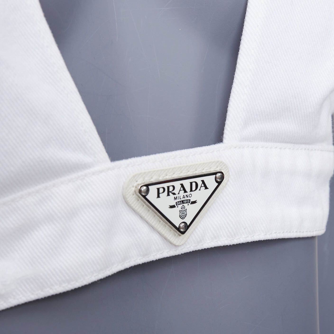 Prada PRADA 2022 white distressed denim triangle logo plunge bralette crop top IT42 M Size M / US 6-8 / IT 42-44 - 2 Thumbnail