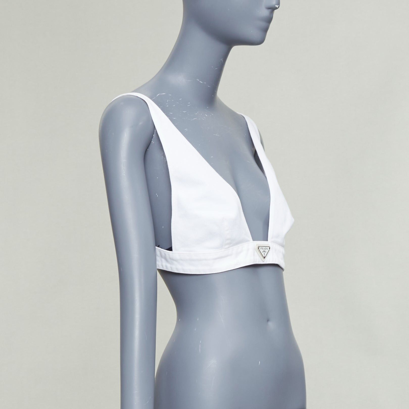 Prada PRADA 2022 white distressed denim triangle logo plunge bralette crop top IT42 M Size M / US 6-8 / IT 42-44 - 3 Thumbnail