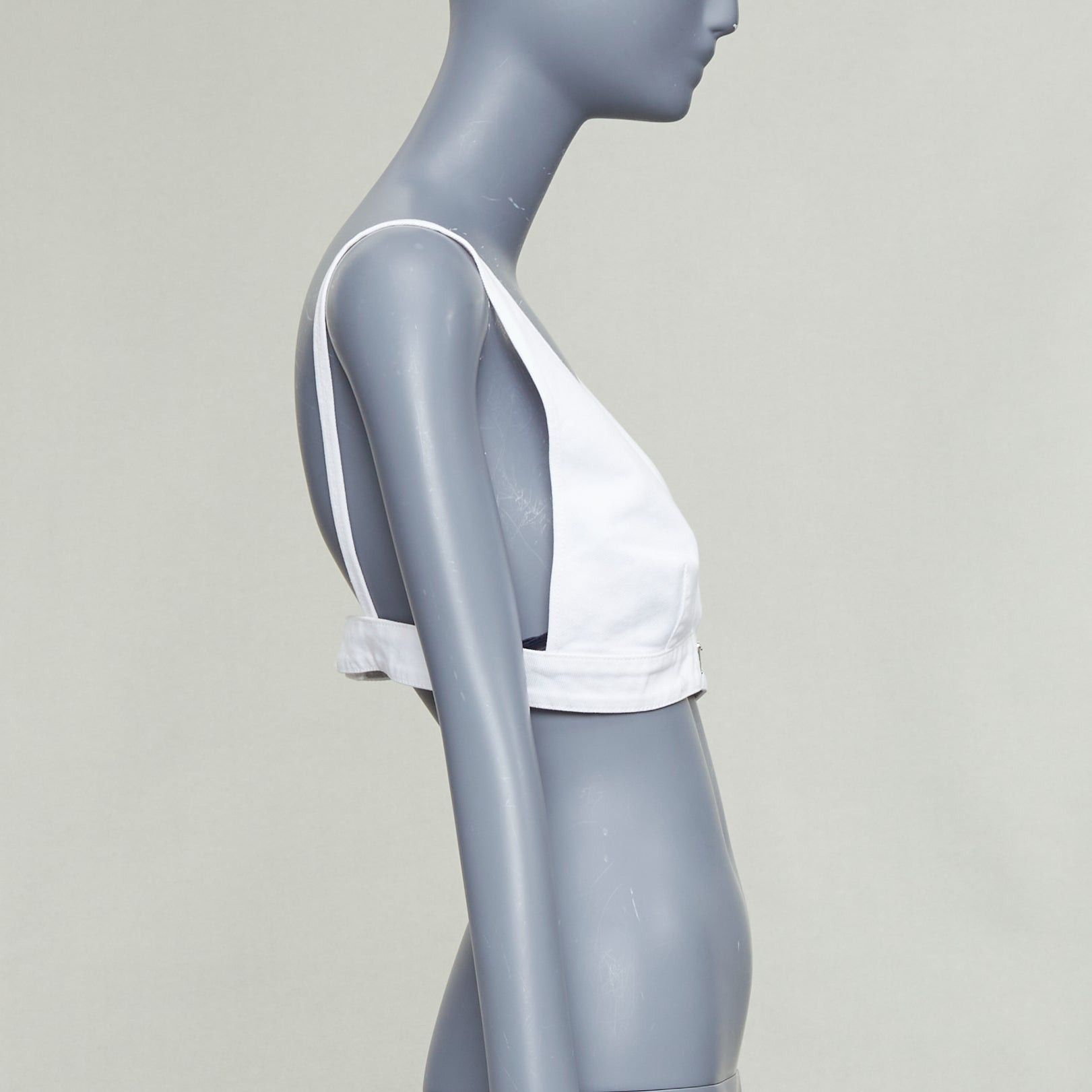 Prada PRADA 2022 white distressed denim triangle logo plunge bralette crop top IT42 M Size M / US 6-8 / IT 42-44 - 4 Thumbnail