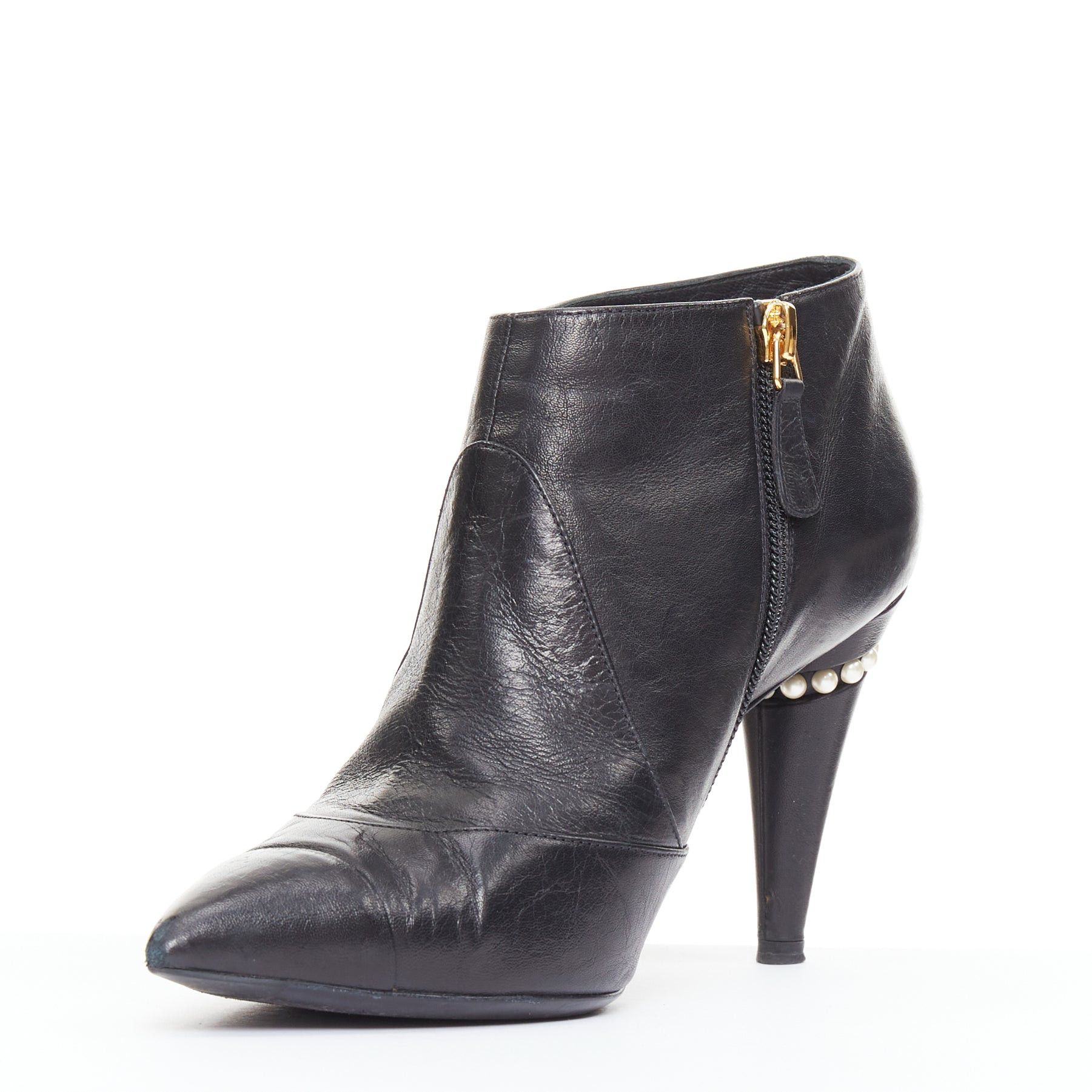 Chanel CHANEL 15C black calfskin faux pearl high cone heeled ankle boots EU38 Size US 8 / IT 38 - 4 Thumbnail